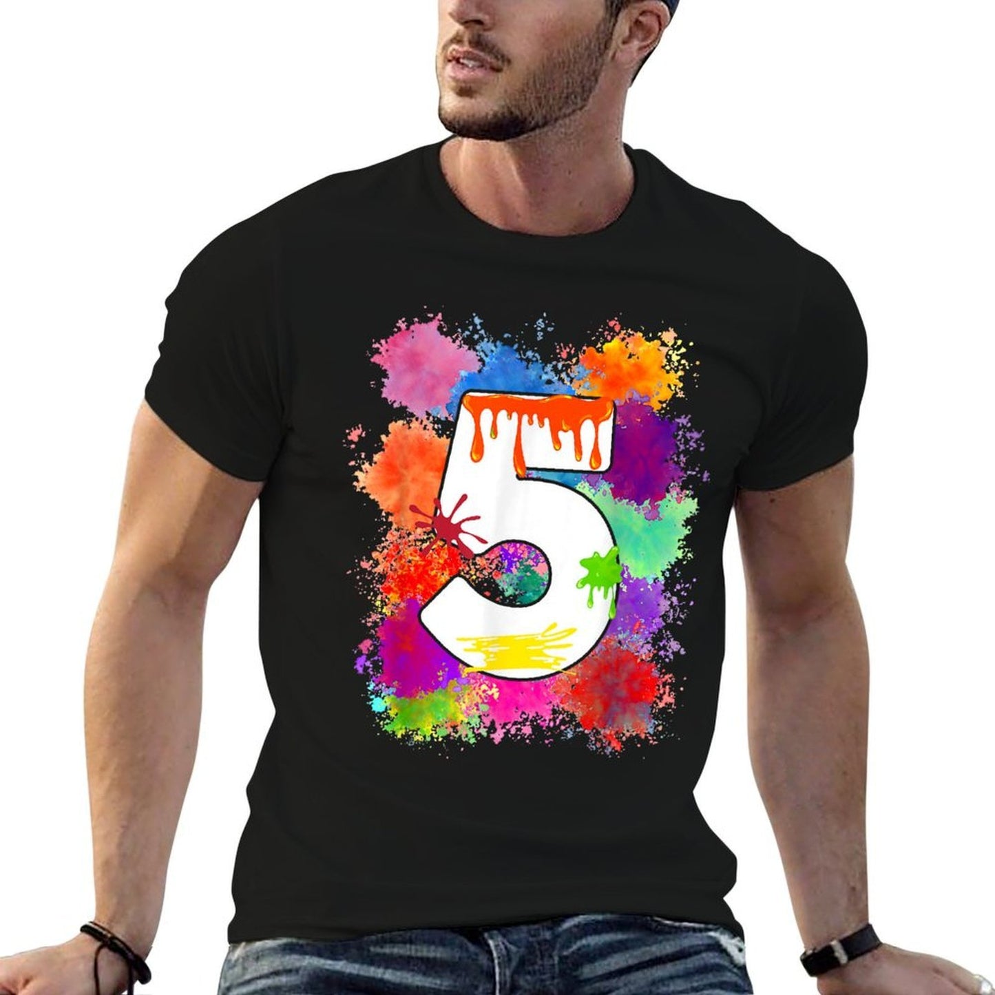 5 Year Old Colorful Splashes 5th Birthday Paint Splash Cotton T-Shirt