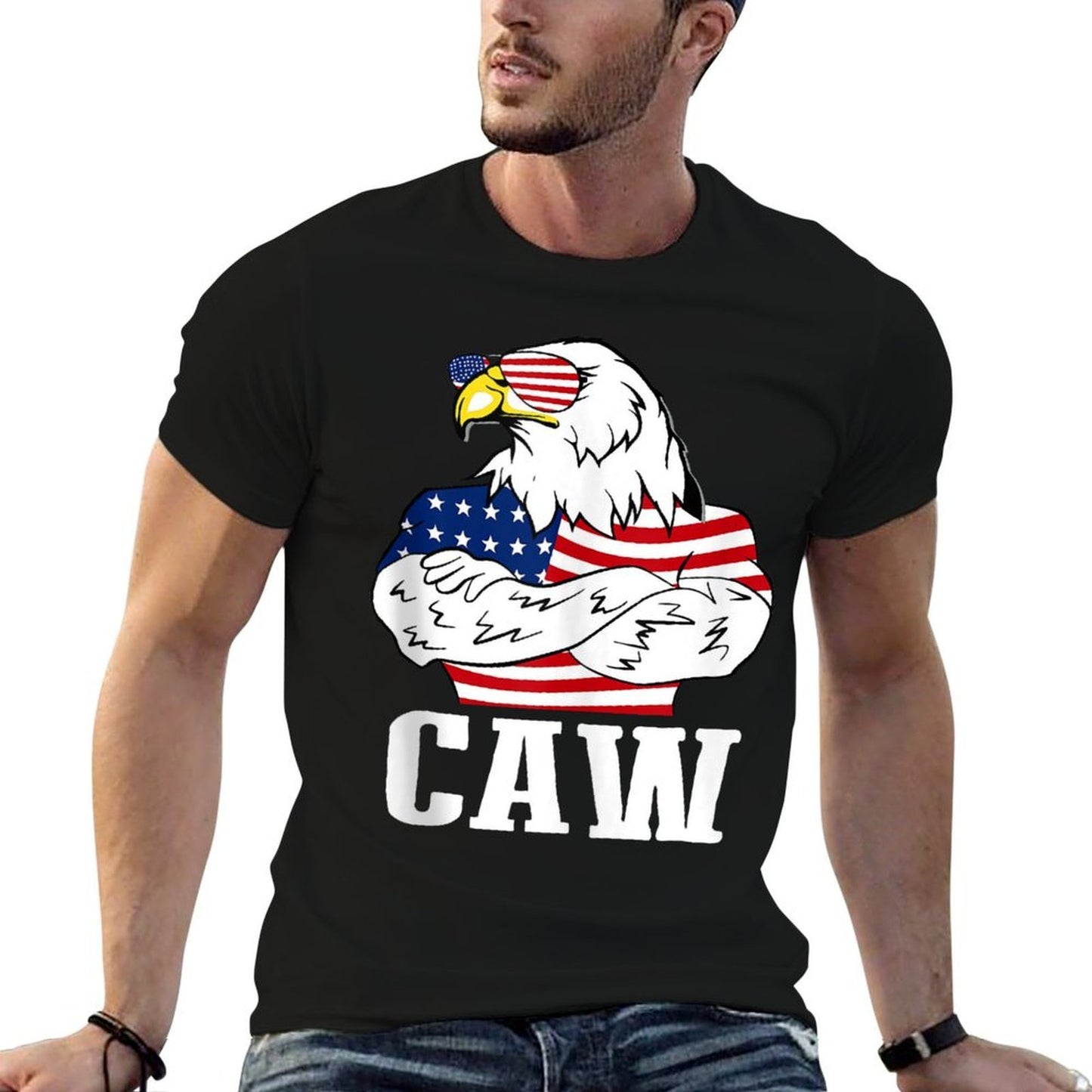 Patriotic Bald Eagle Caw 4th of July American American Ribbed Collar T-Shirt