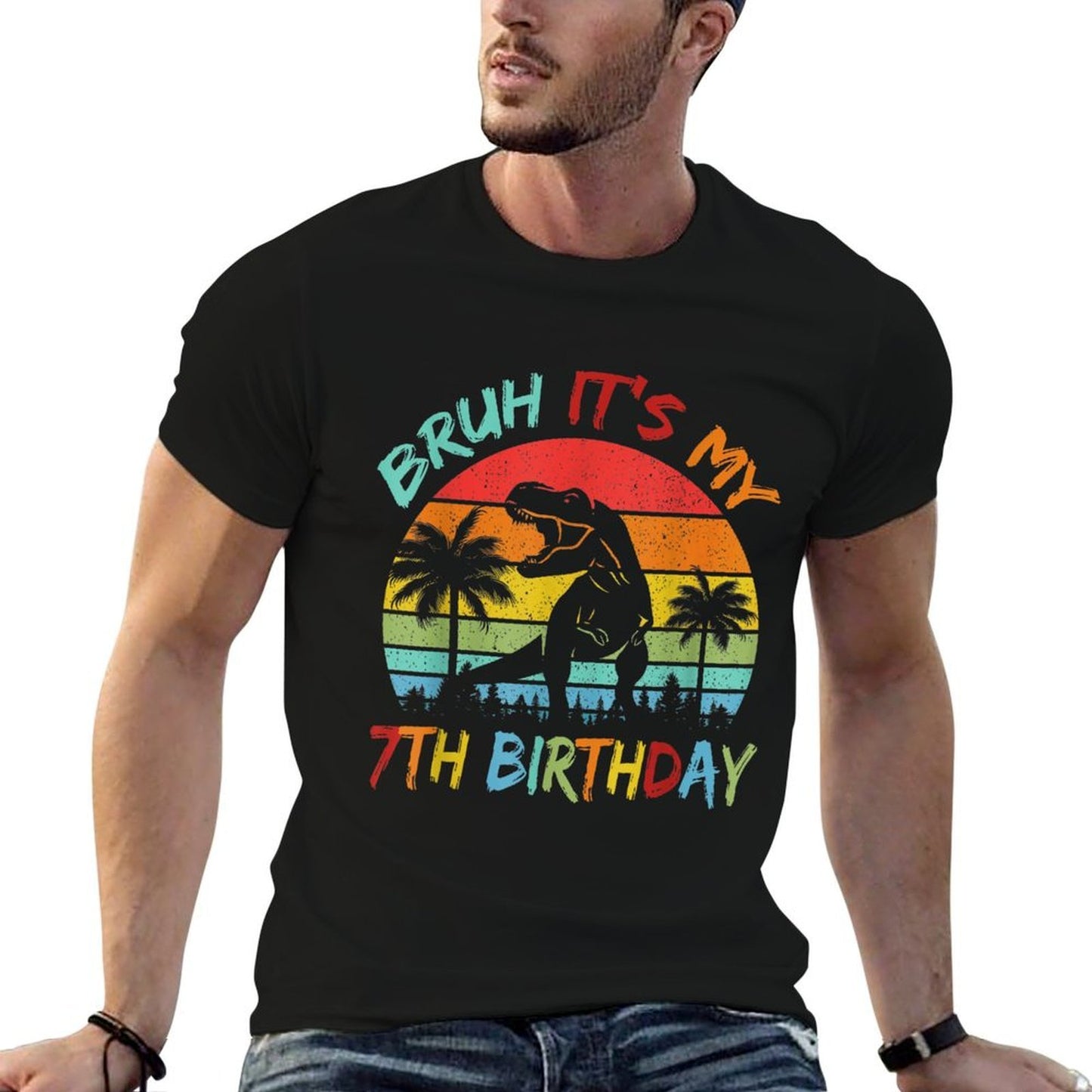 Bruh It's My 7th Birthday Dinosaur 7 Year Old Rolled Sleeves T-Shirt
