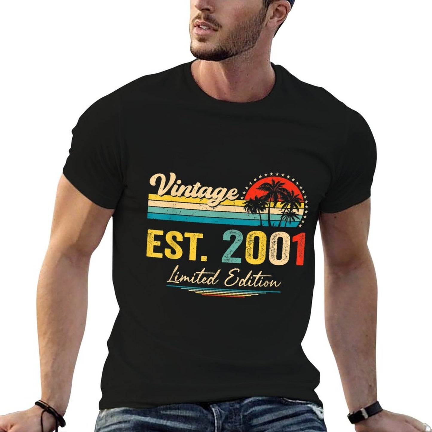 Vintage 2001 Retro 21 Years Old Being Awesome 21st Birthday Ribbed Collar T-Shirt
