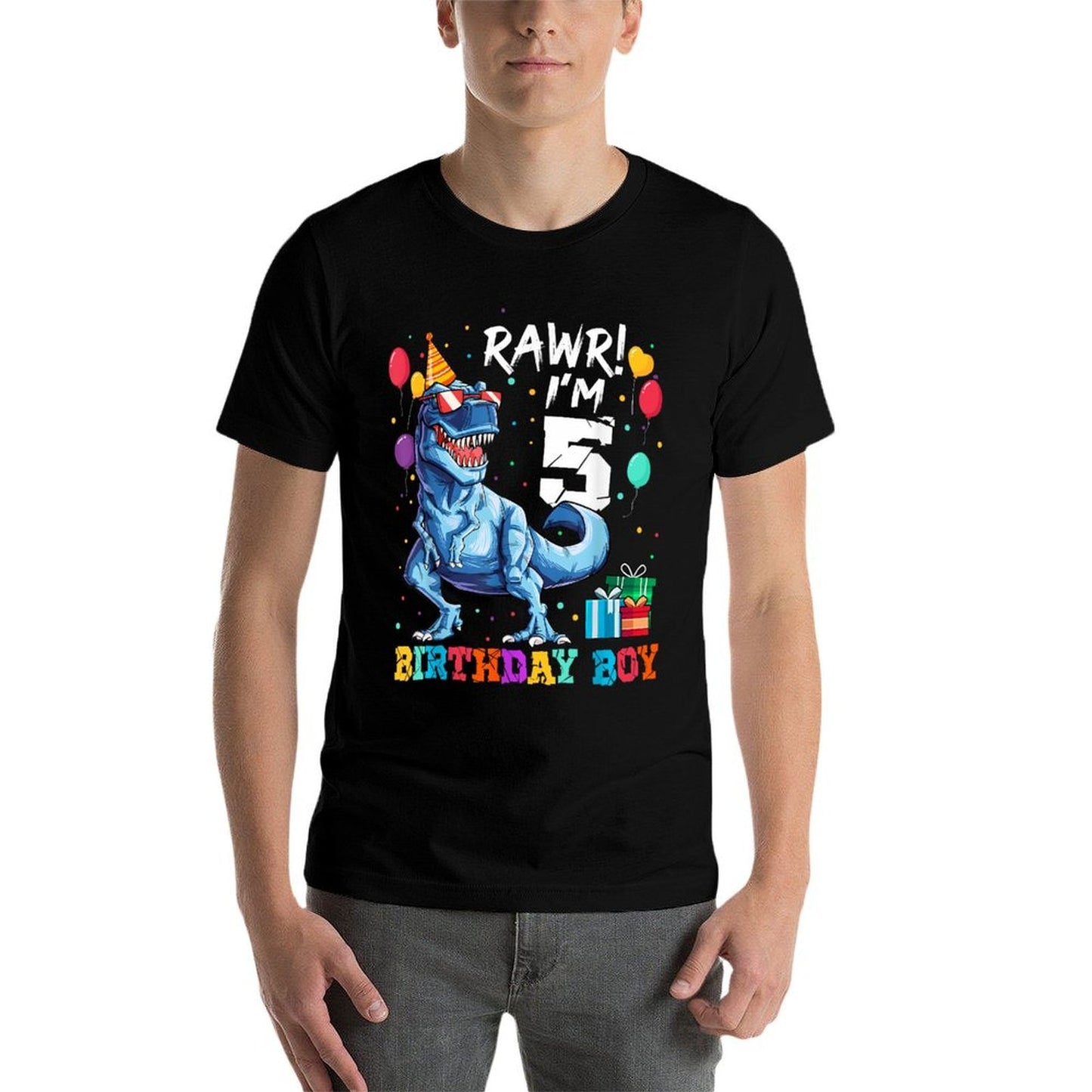 Funny Kids 5 Years Old Happy 5th Birthday Boy T Rex Dinosaur Stretchy T-Shirt