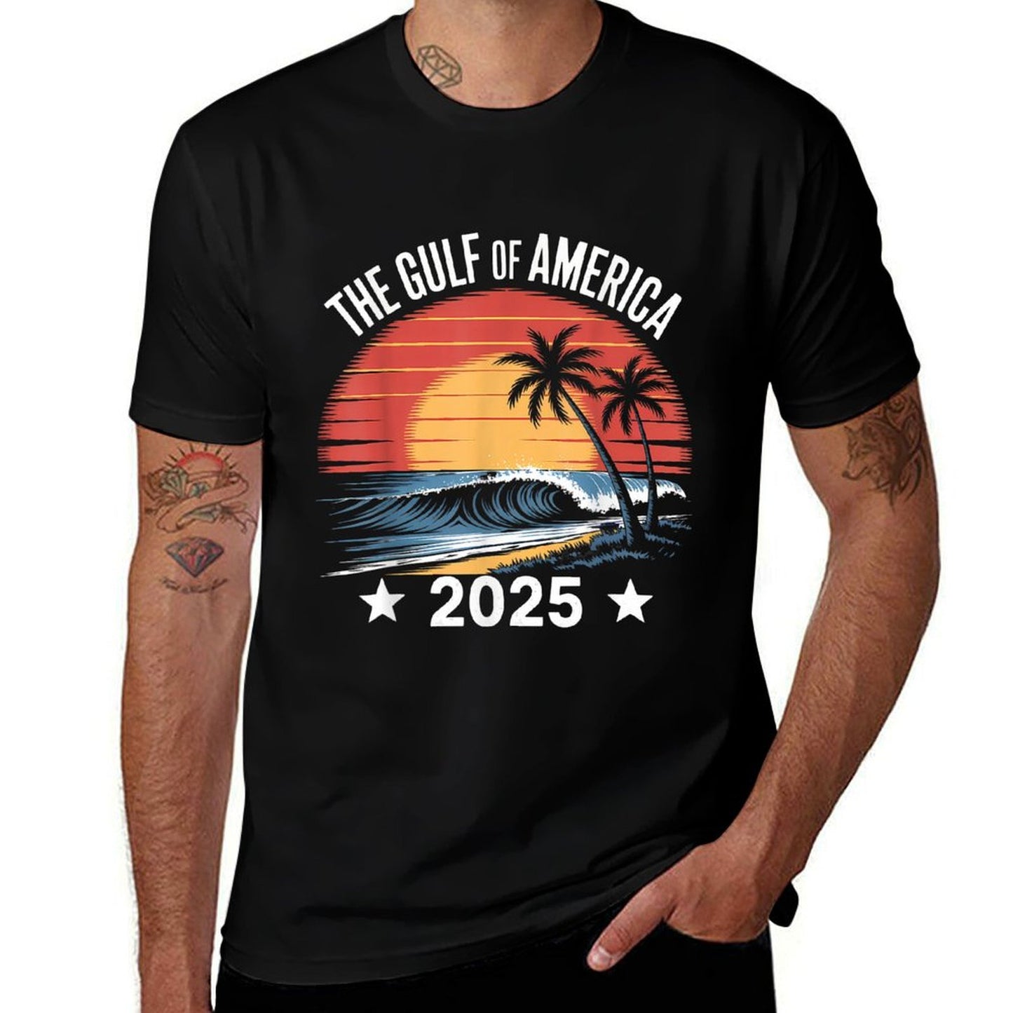 Vintage Retro Gulf Of US America Sunset Flag Heathered Texture T-Shirt