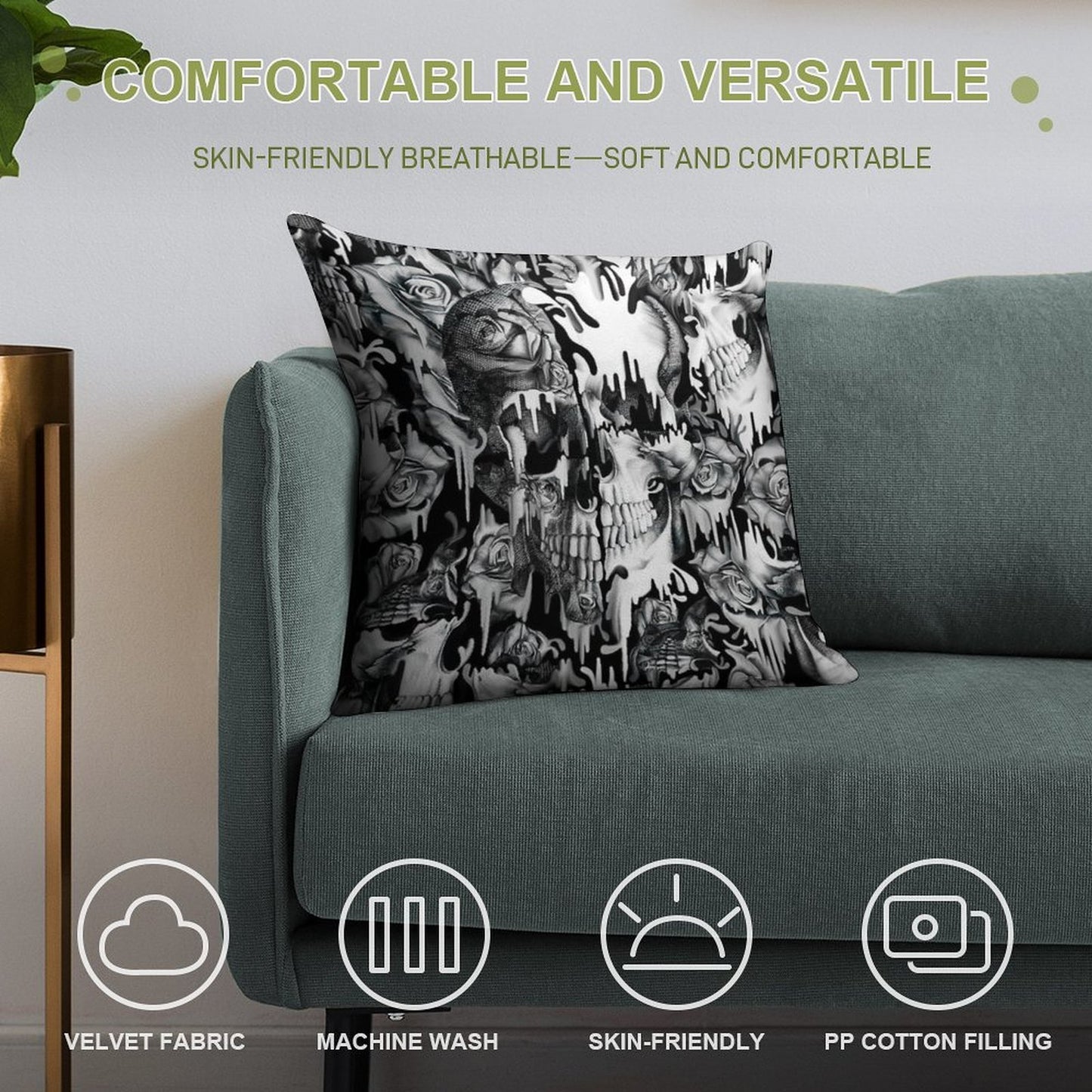 Gone in A Splash, Skull Pattern Soft Short Plush Fabric Throw Pillow