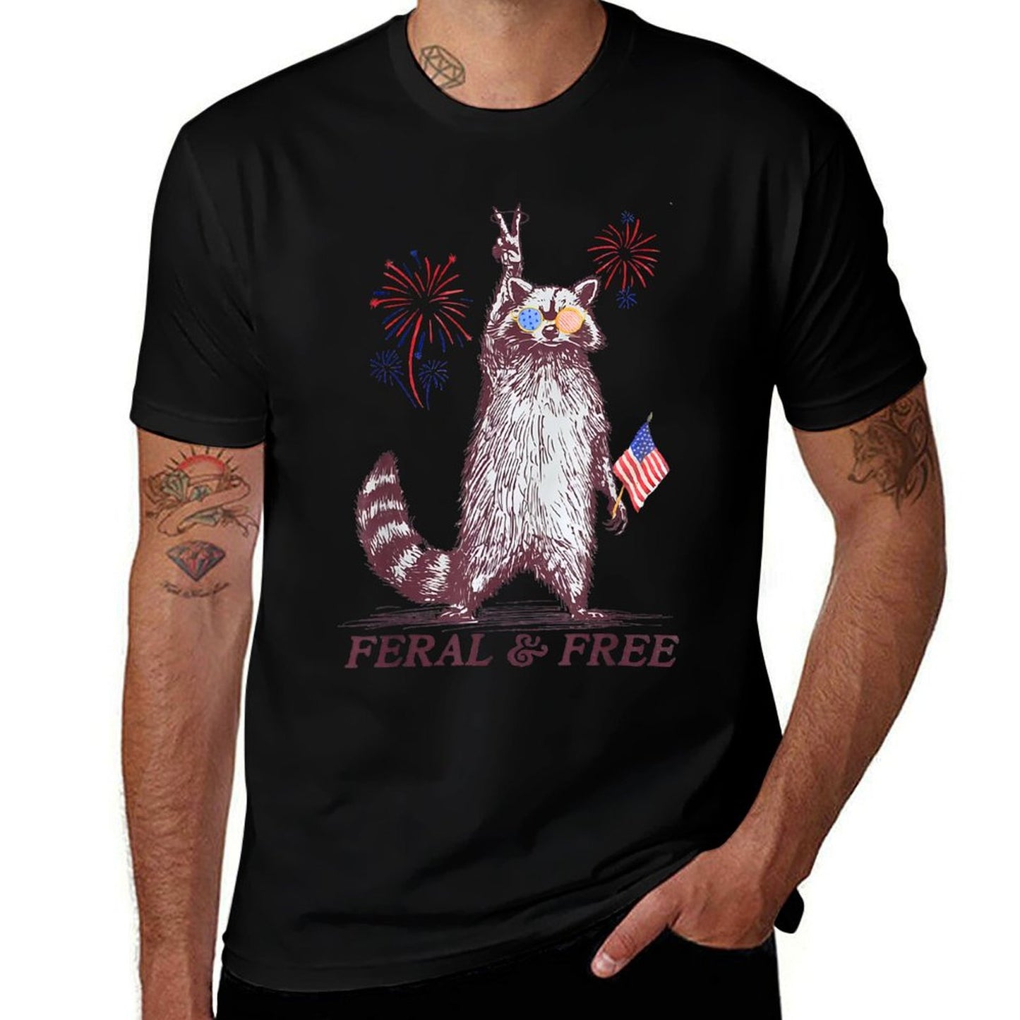 Feral & Free Funny Patriotic Racoon Feral And Free 4th July Eco-friendly Material T-Shirt
