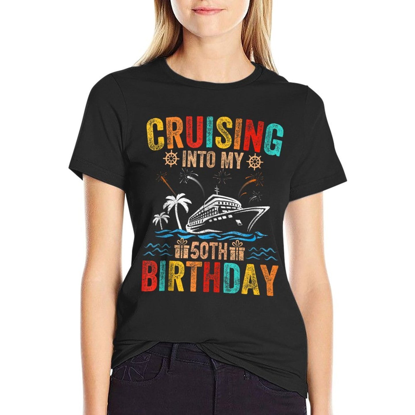 Cruising Into My 50th Birthday Family Cruise 50 Birthday Heathered Texture T-Shirt