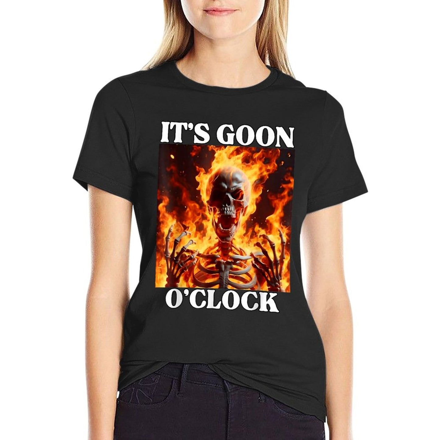 Gooning O'clock Funny Cringe Hard Skeleton Meme Flames Relaxed-fit T-Shirt