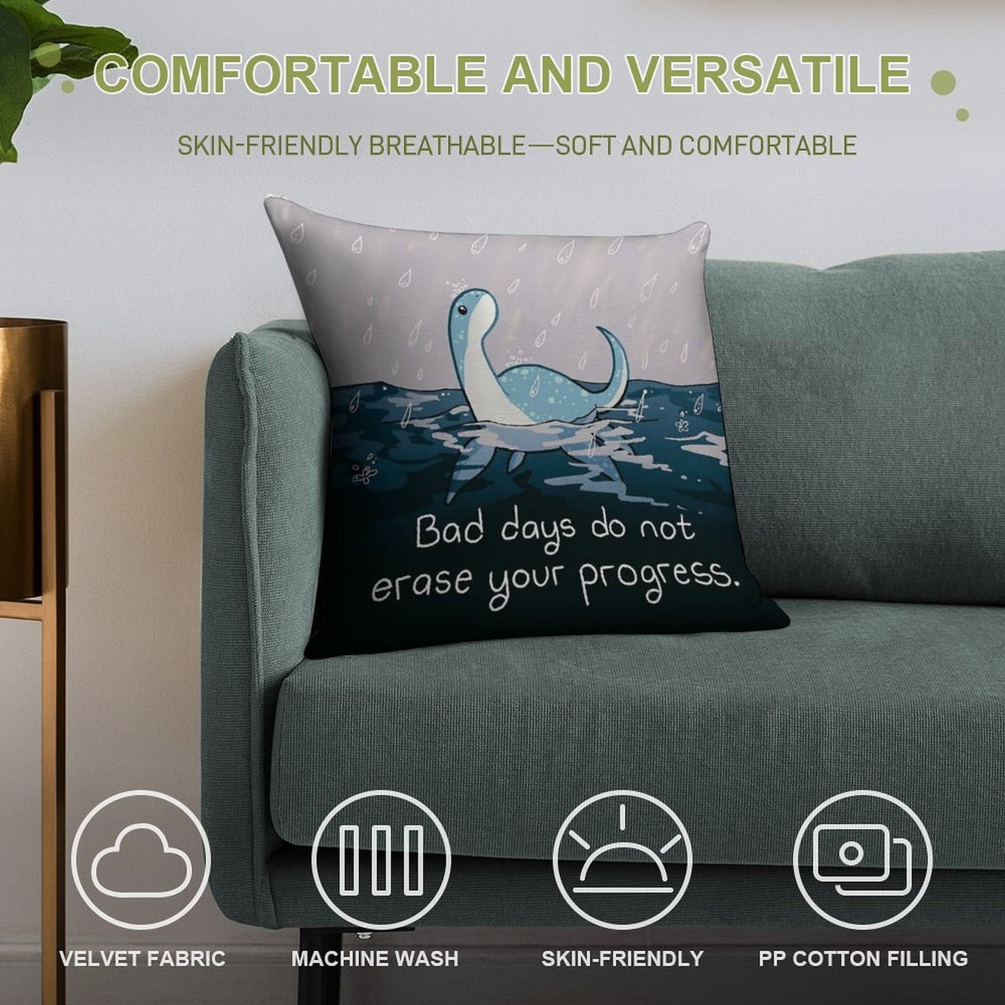 Bad Days Do Not Erase Your Progress Rainy Loch Ness Nessie Soft Durable Construction Throw Pillow