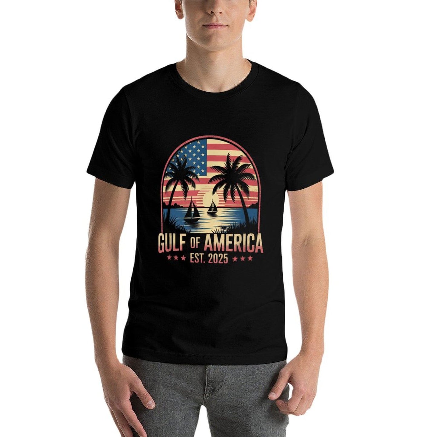 Retro Gulf Of USA America Est 2025 Gulf Mexico American Flag Polyester Blend T-Shirt