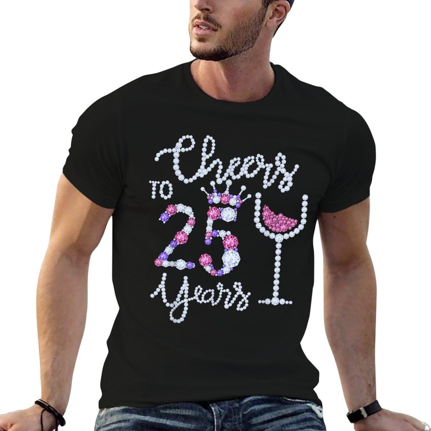 Funny Cheers To 25 Years Wine Glass Est. 1997 25th Birthday Cotton T-Shirt