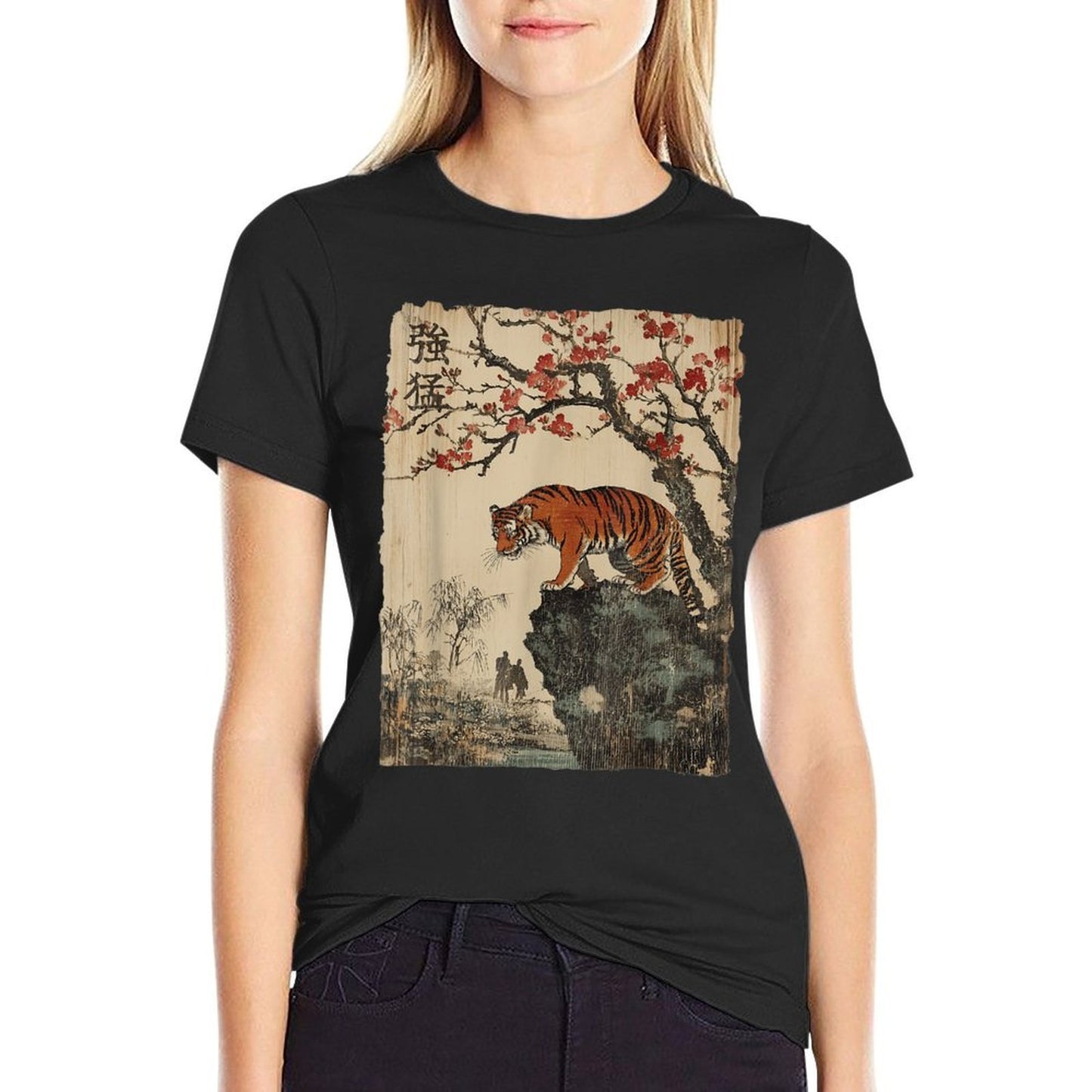 Vintage Japanese Tiger with Cherry Blossoms Tree Woodblock Polyester Blend T-Shirt