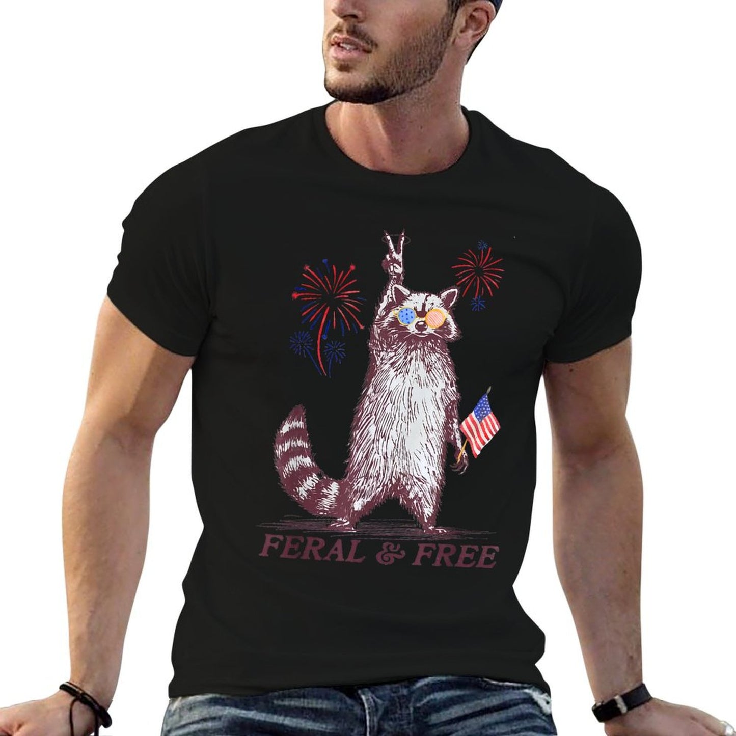 Feral & Free Funny Patriotic Racoon Feral And Free 4th July Eco-friendly Material T-Shirt