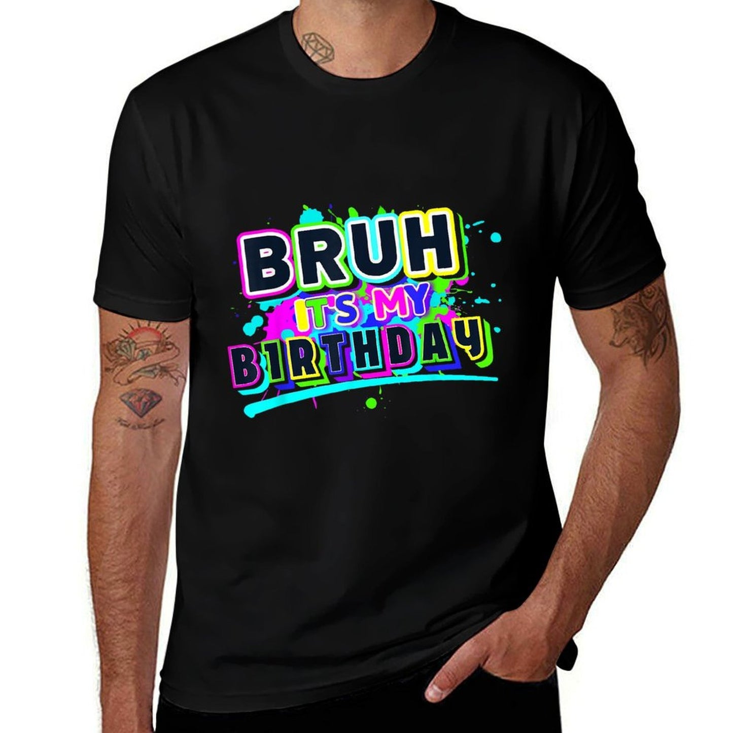 Bruh It's My Birthday Colorful Funny Birthday Party Boy Girl Rolled Sleeves T-Shirt