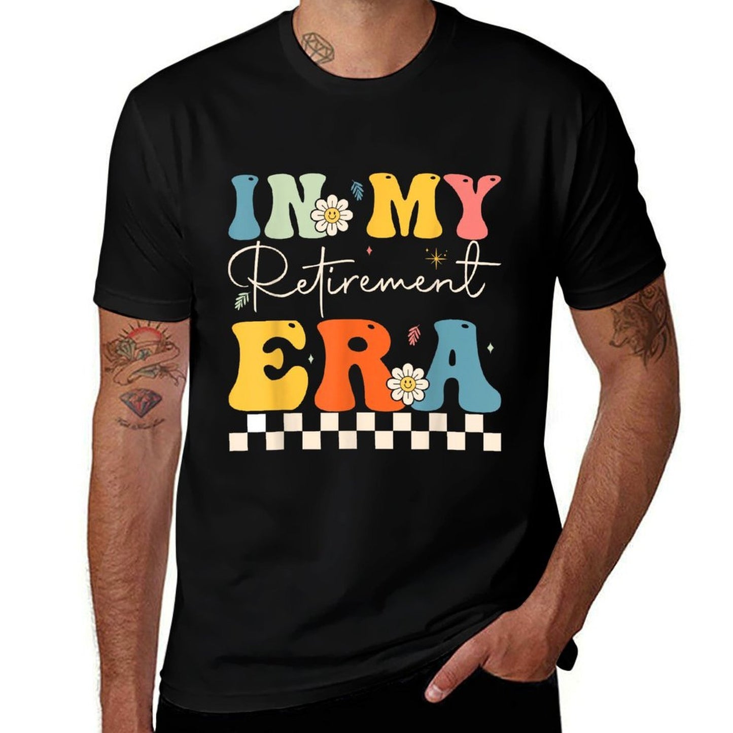 Retro Groovy In My Retirement Era Retired Teacher Funny Ribbed Collar T-Shirt