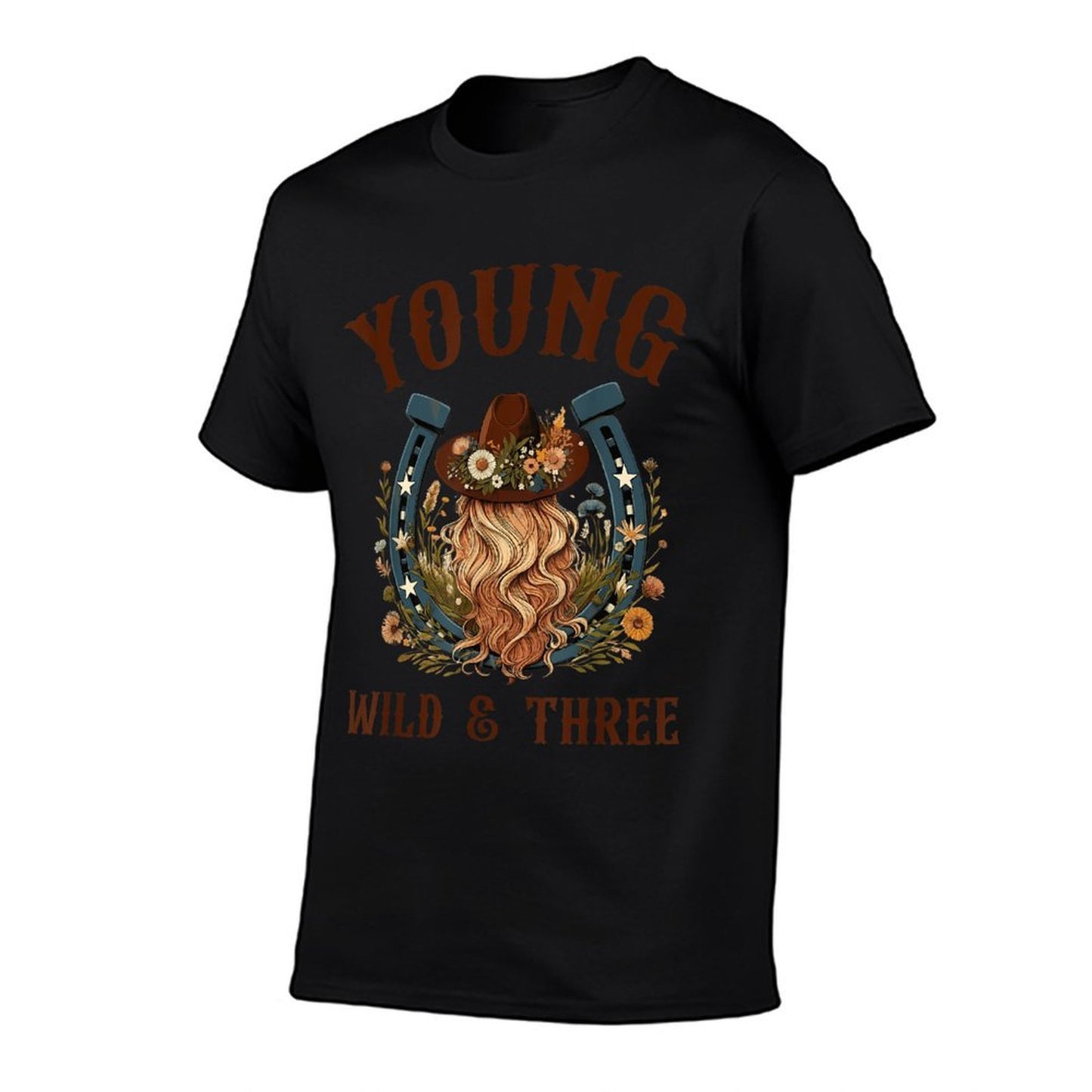 Young Wild & Three 3rd Birthday Wildflowers Western Boho Cotton T-Shirt