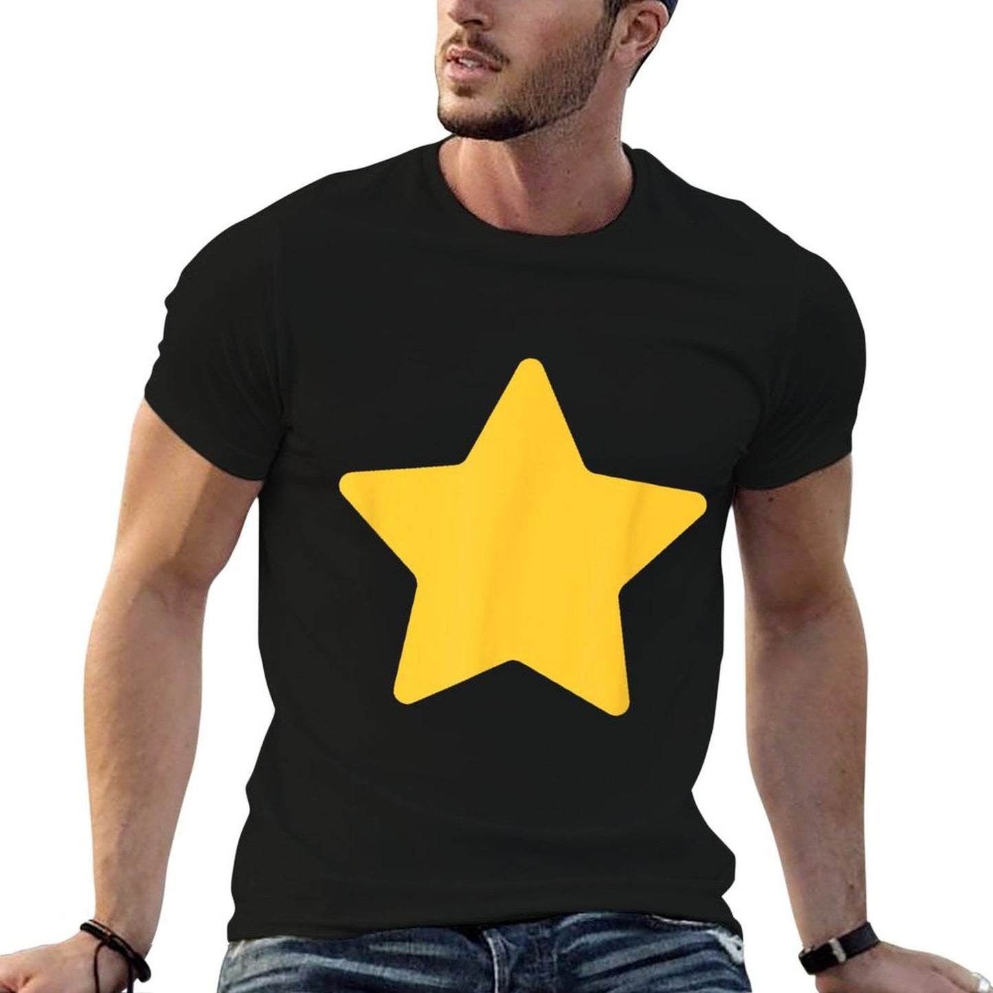Classic Big Yellow Star Graphic on Front for Kids Ribbed Collar T-Shirt