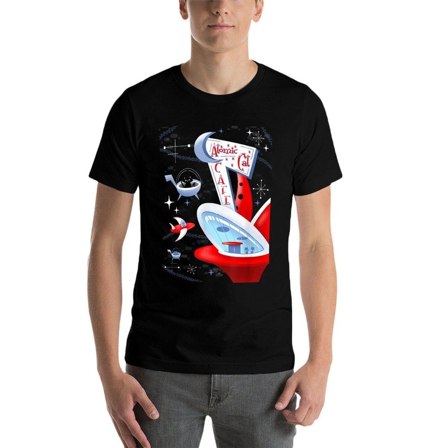 Funny Atomic Cat Cafe Retro Futuristic Spaceport Mid Century Eco-friendly Material T-Shirt