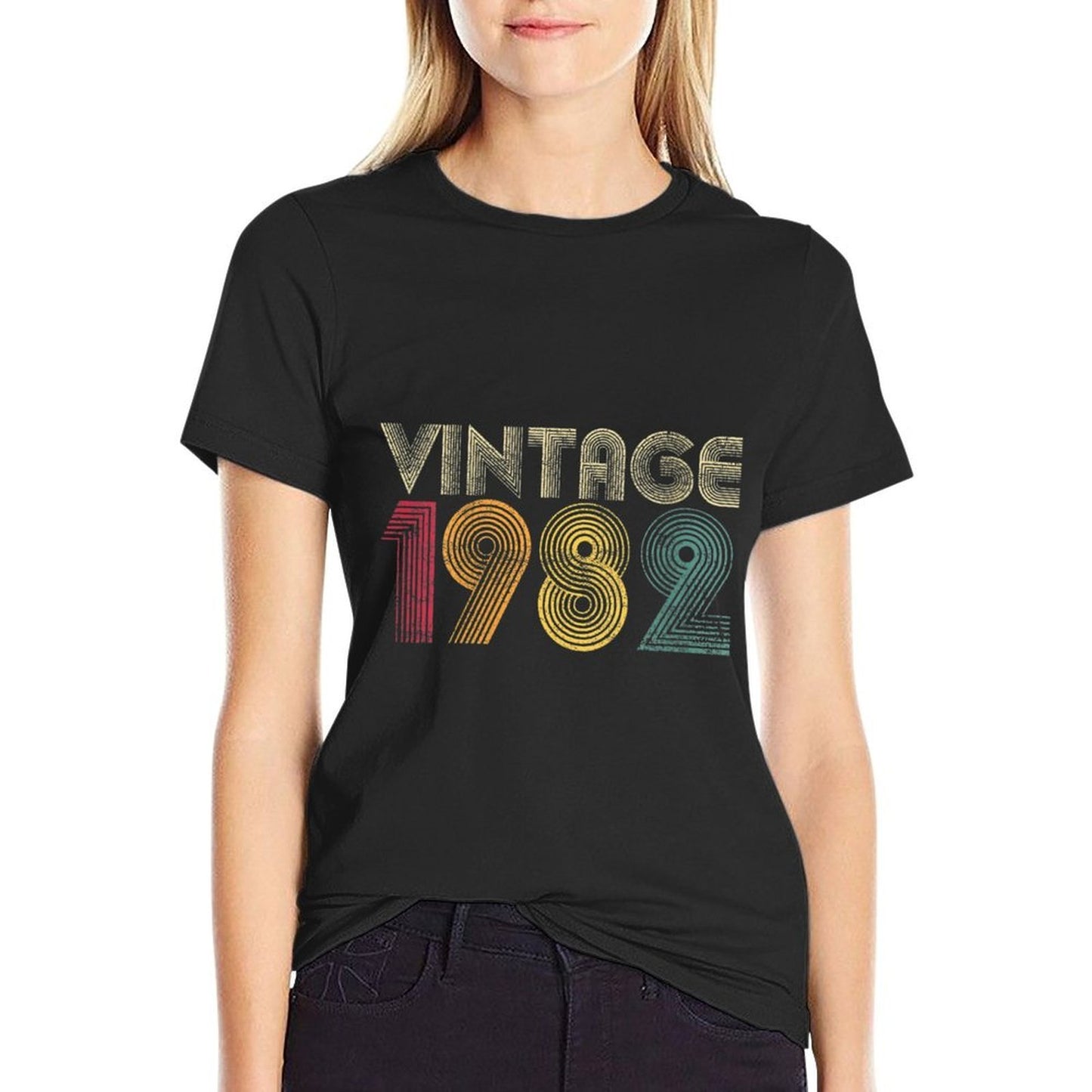 Womens Vintage 1982 40th Birthday Gift Retro 40 Years Old Ribbed Collar T-Shirt