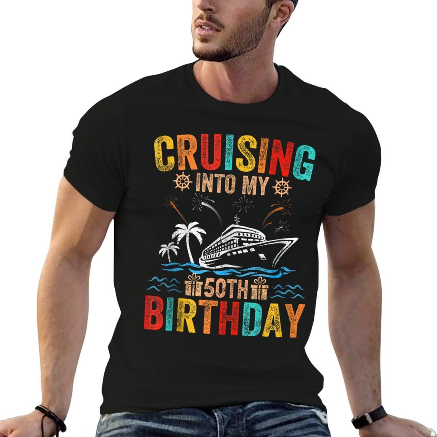 Cruising Into My 50th Birthday Family Cruise 50 Birthday Heathered Texture T-Shirt
