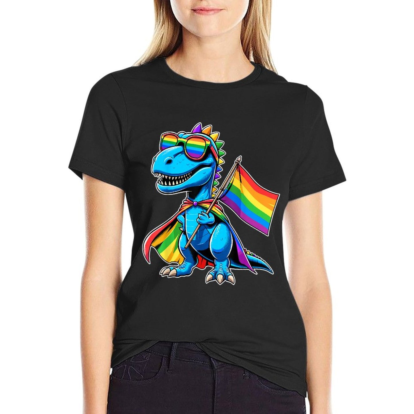 Dinosaur Gay Pride LGBT Rainbow Ribbed Collar T-Shirt