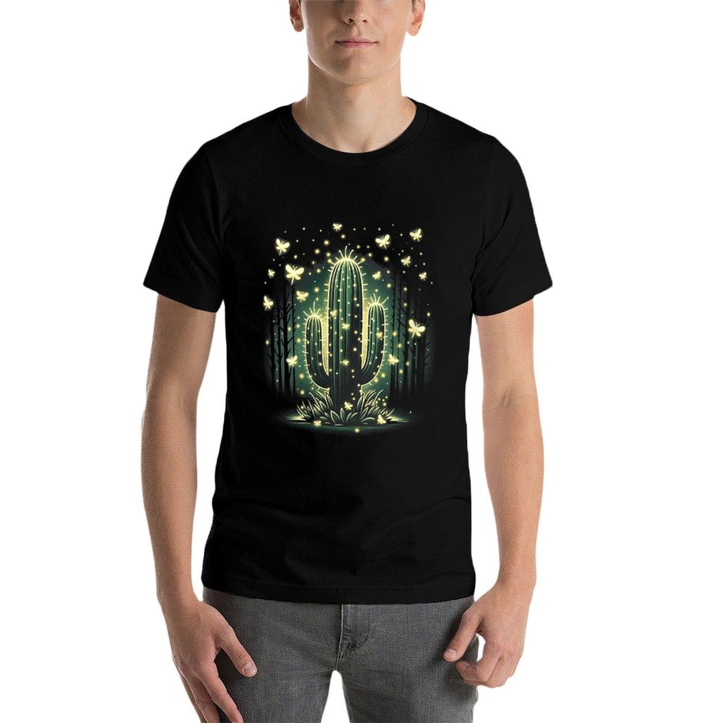 Womens Firefly Glow Cactus - Mystical Forest Night Ribbed Collar T-Shirt