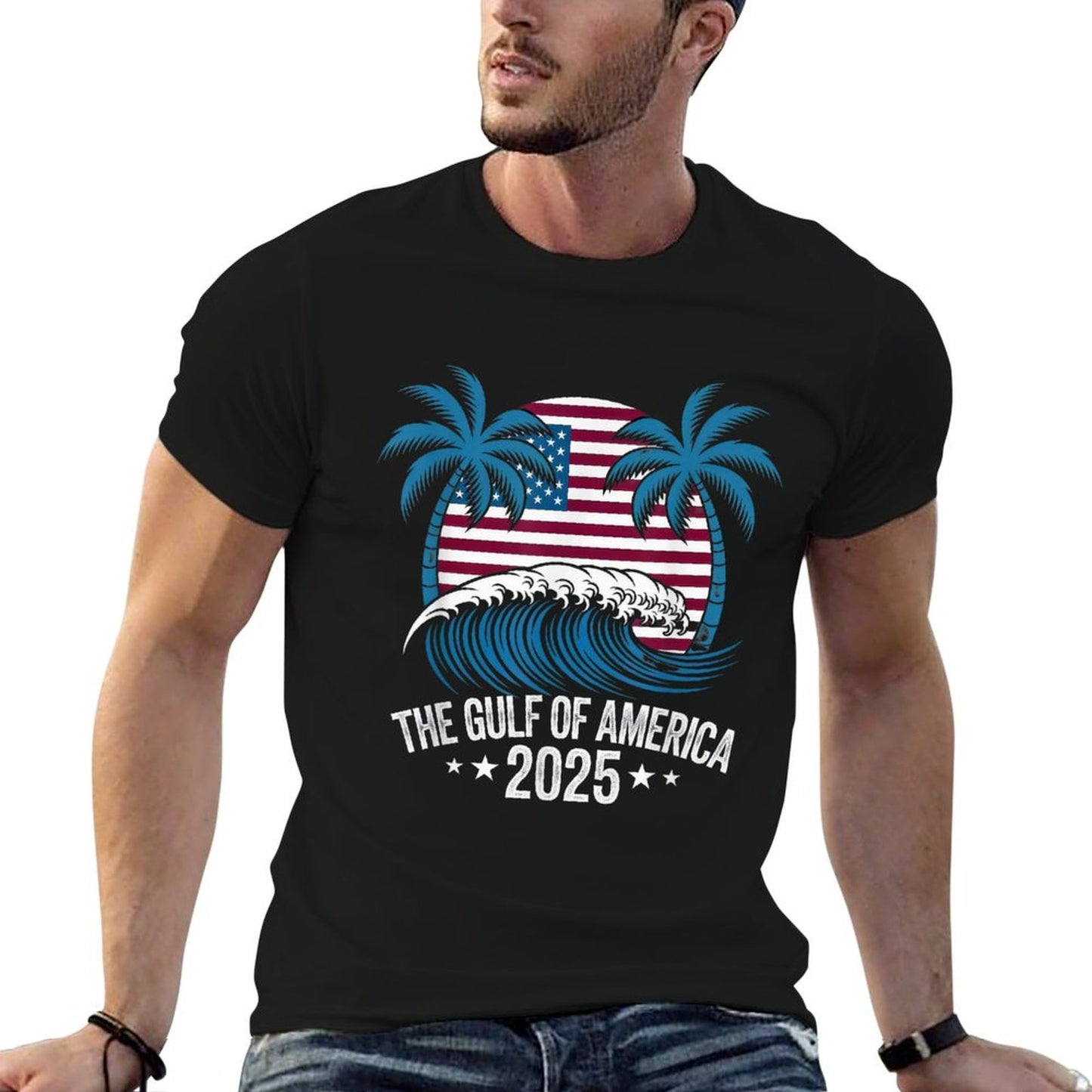 Retro Gulf Mexico Gulf Of USA America Est 2025 American Flag Eco-friendly Material T-Shirt
