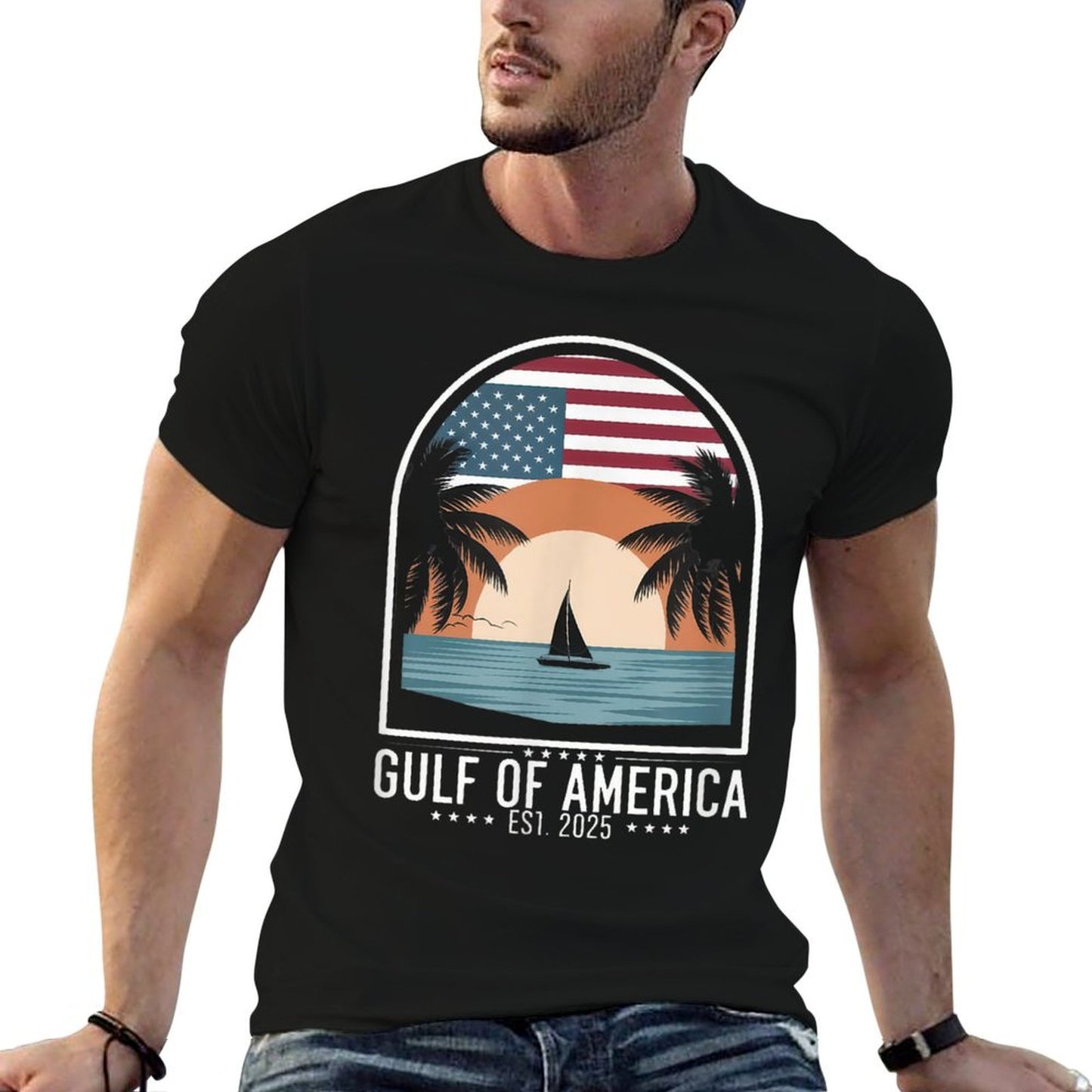 Retro Gulf Of USA America Est 2025 Gulf Mexico American Flag Graphic-printed T-Shirt