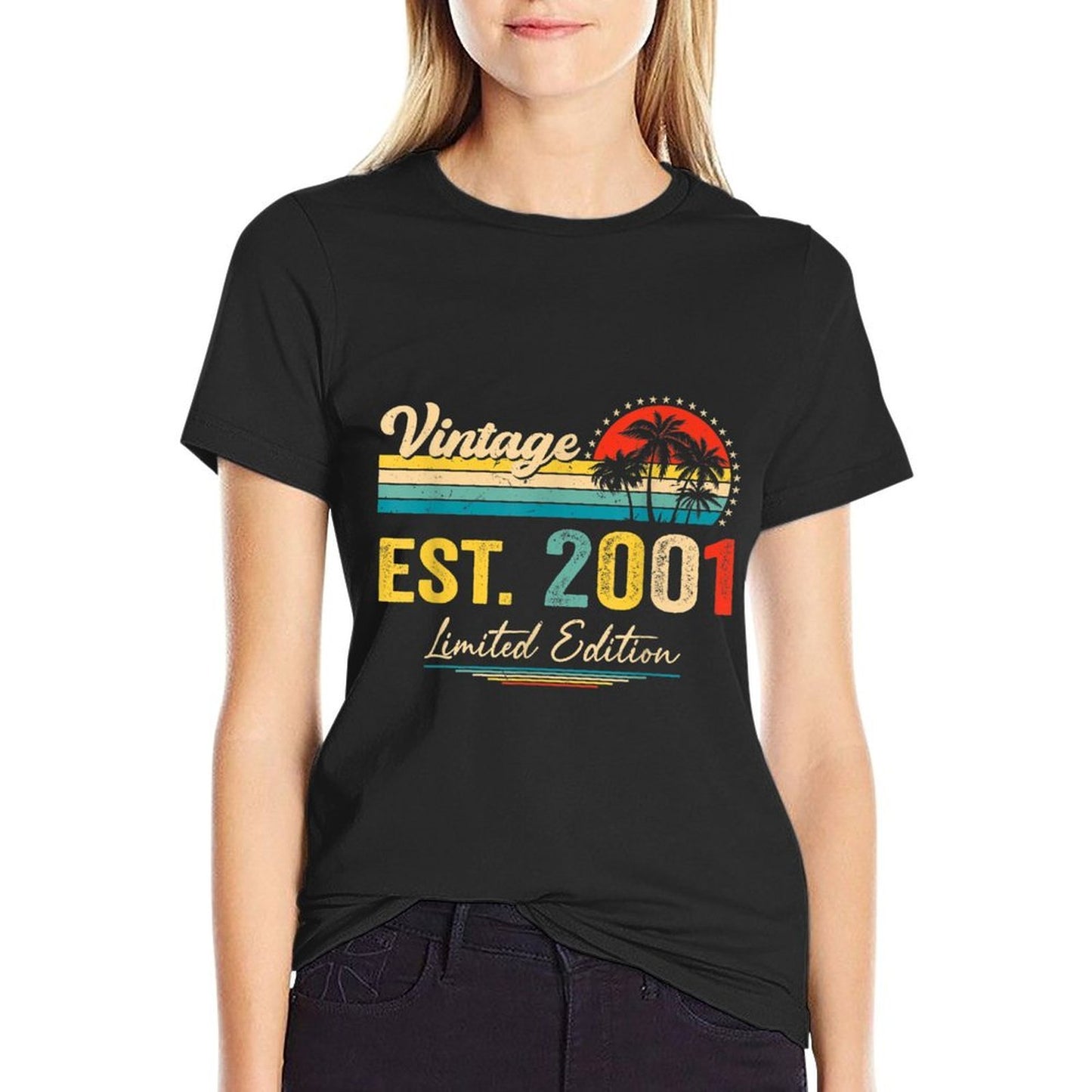 Vintage 2001 Retro 21 Years Old Being Awesome 21st Birthday Ribbed Collar T-Shirt