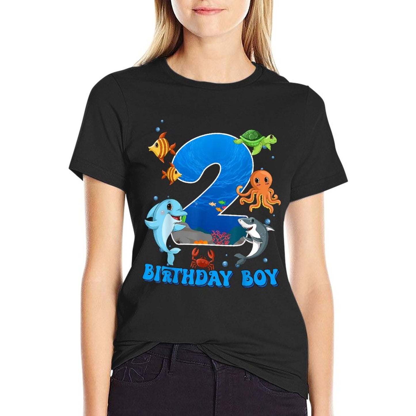 2nd Birthday Party Ocean 2 Year Old Sea Fish Birthday Boy Trendy Pattern T-Shirt