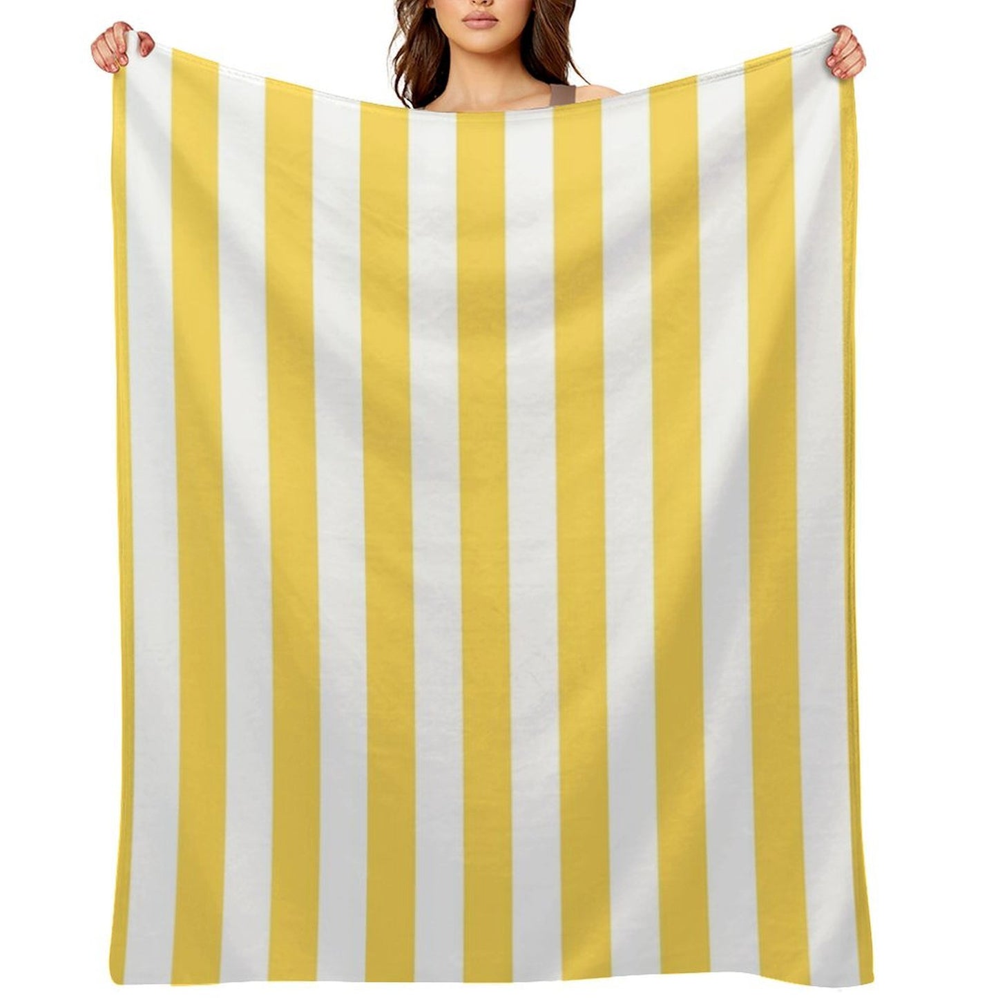 Yellow And White Vertical Stripes Plush Throw Blanket