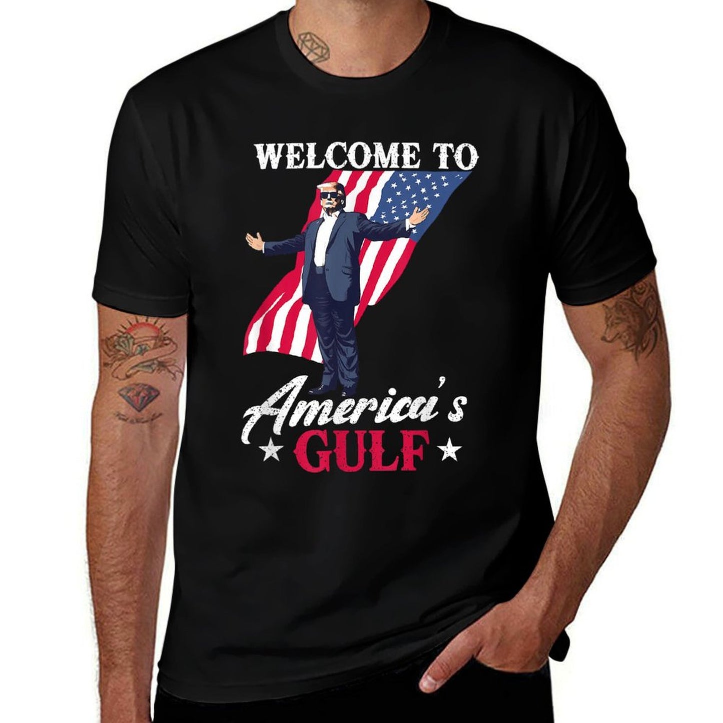 Gulf of USA America Funny USA Flag Ribbed Collar T-Shirt