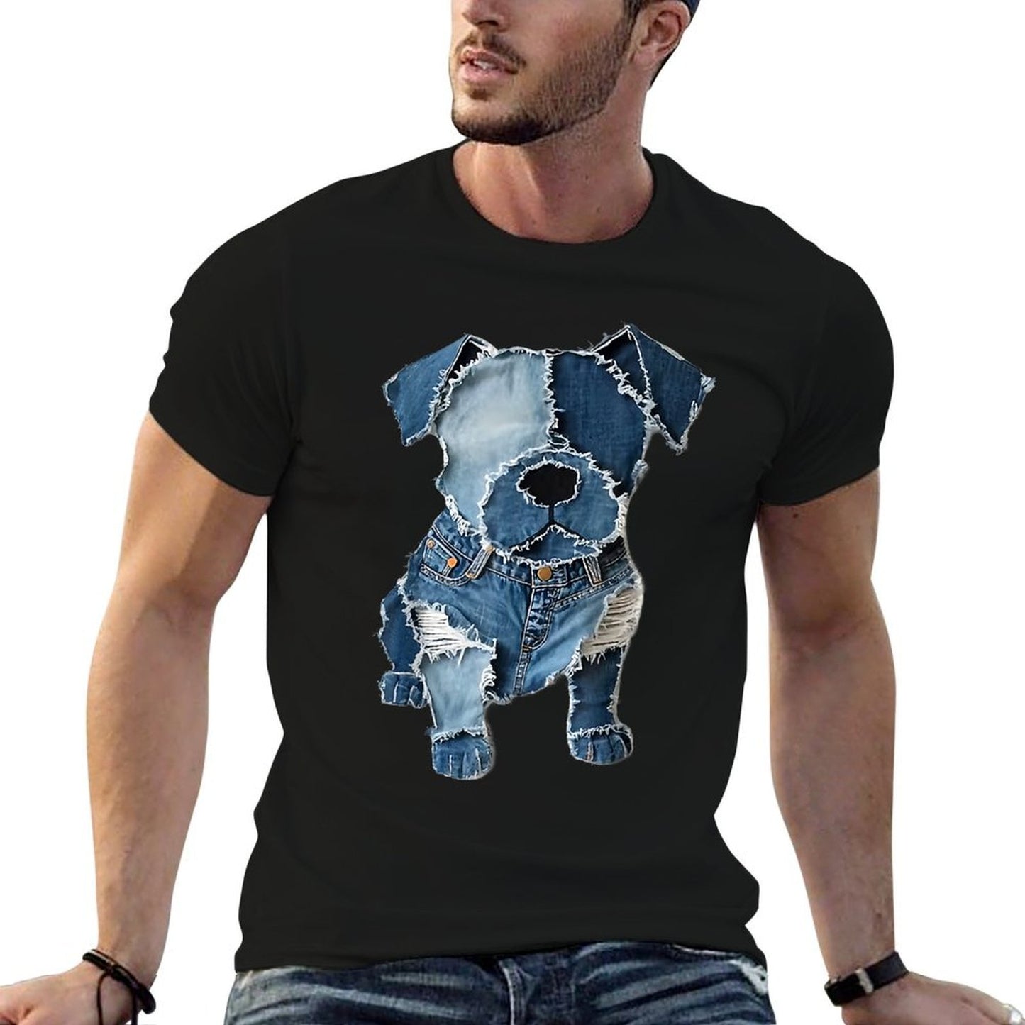 Dog Pattern Denim Patchwork Art Fade-proof Color T-Shirt