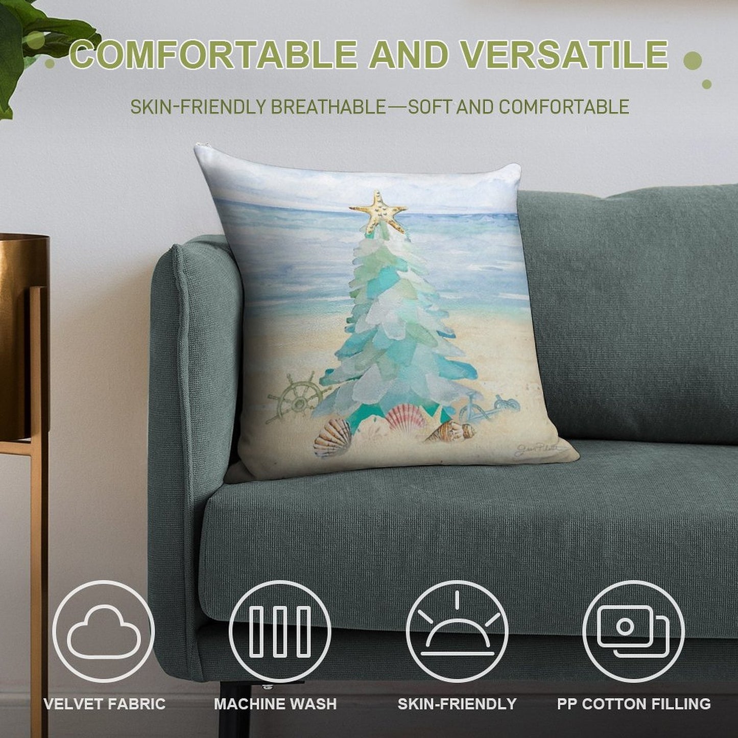 Coastal Seaglass Christmas Tree B Soft Bedroom Essential Throw Pillow