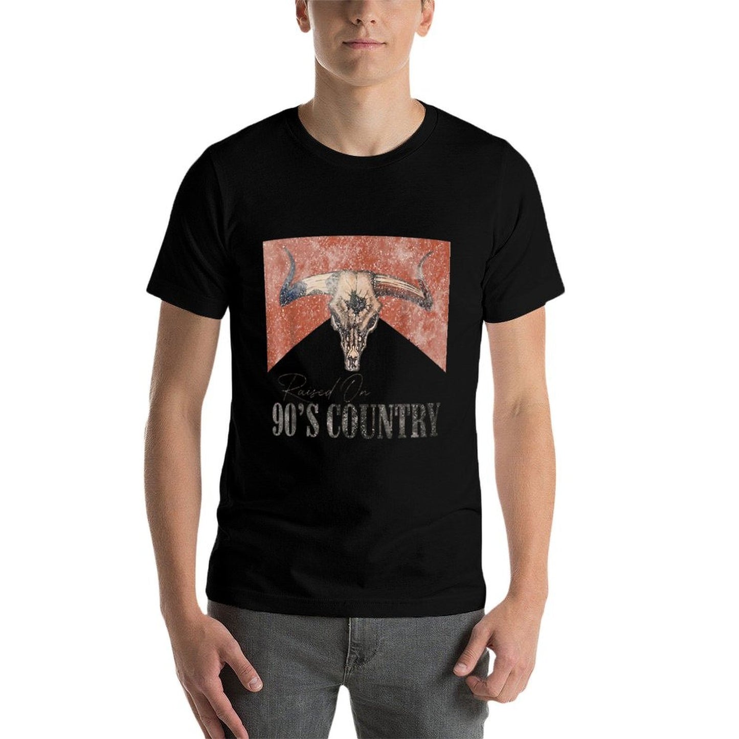 Vintage Western Bull Skull Raised On 90's Country Music Tagless Design T-Shirt