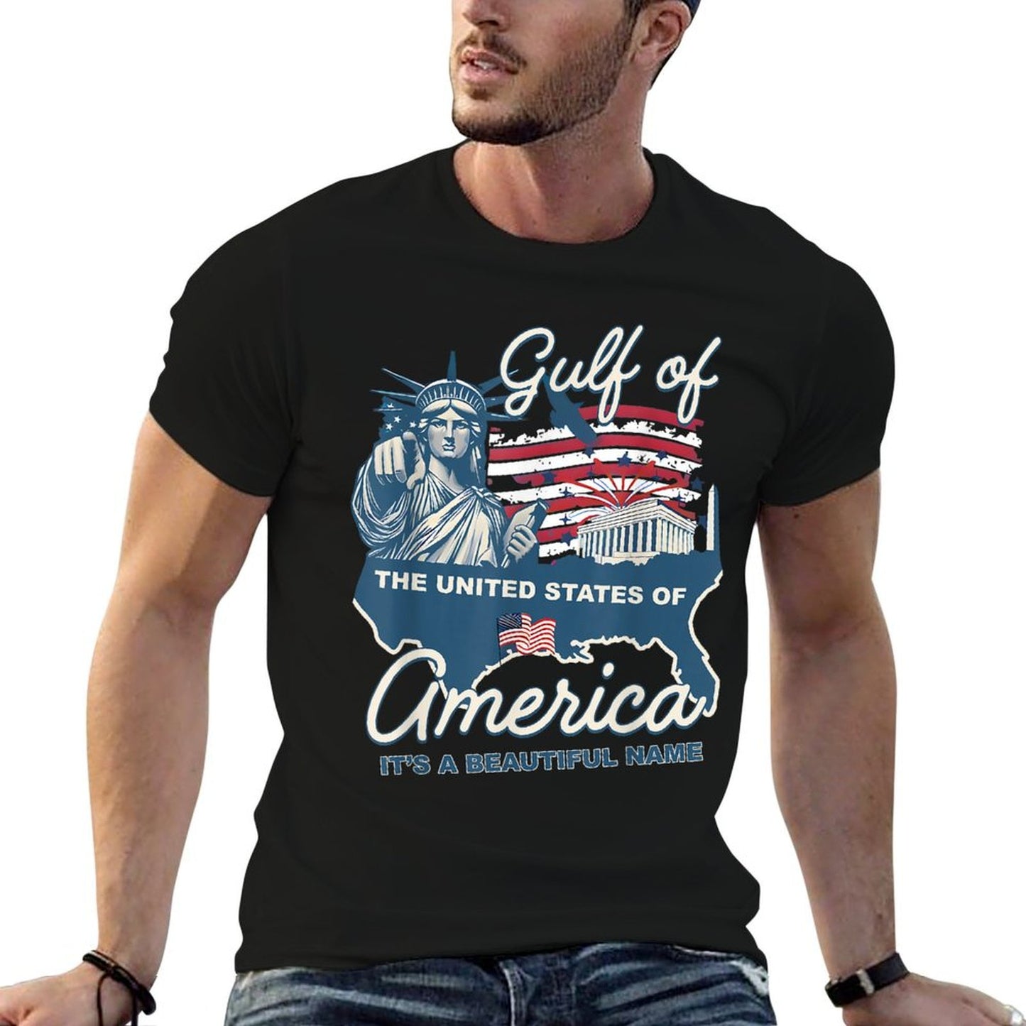 Gulf of USA America Flag Pride Patriotic Gulf of US America Ribbed Collar T-Shirt