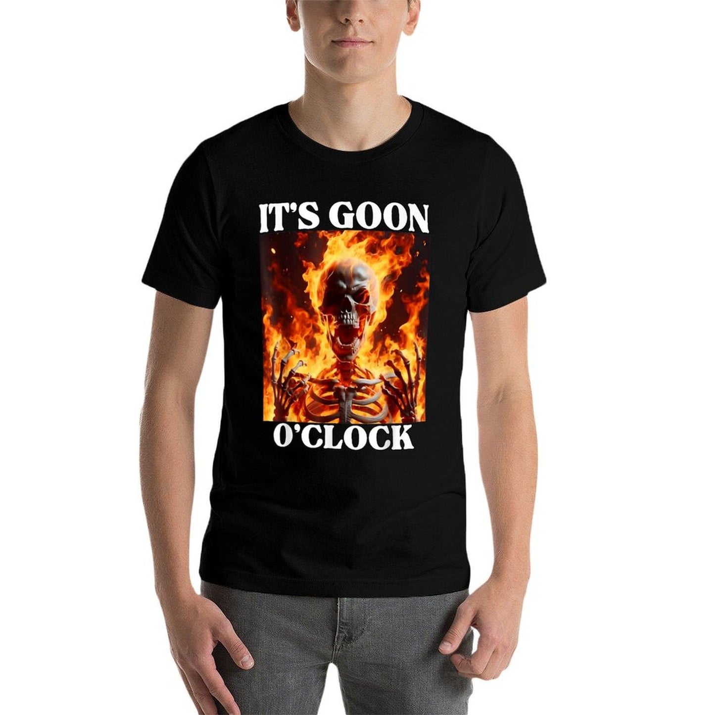Gooning O'clock Funny Cringe Hard Skeleton Meme Flames Relaxed-fit T-Shirt