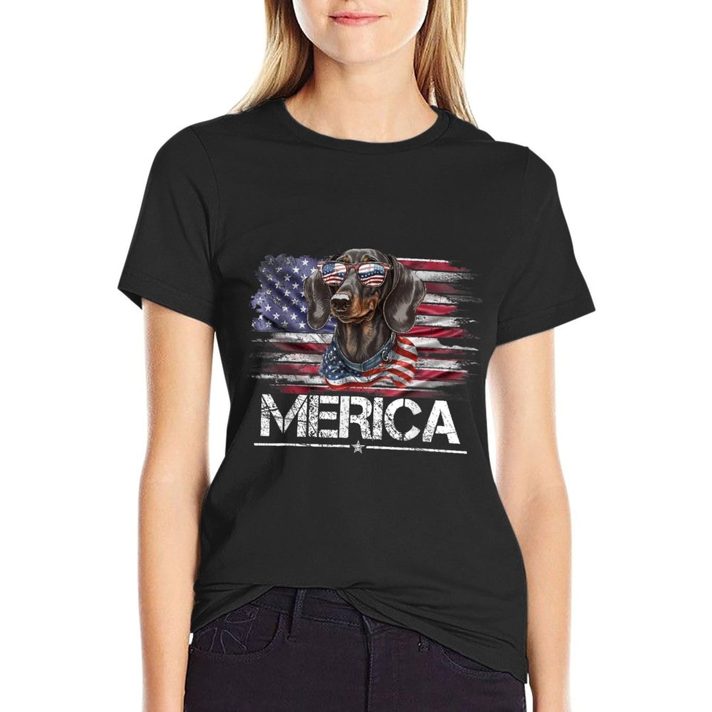 Vintage Dachshund Dog, Merica Weiner Dog USA Funny Ribbed Collar T-Shirt