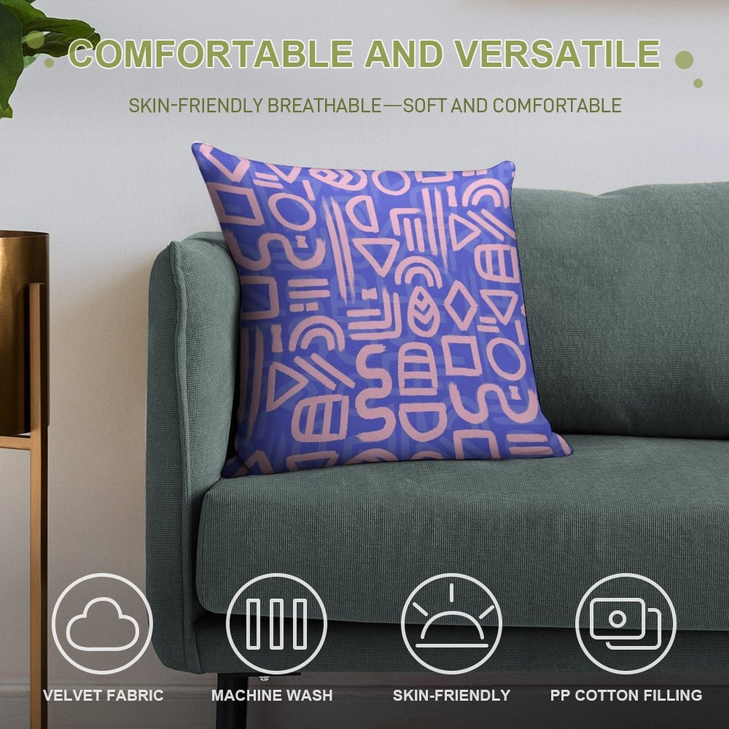 Shapes And Glyphs - Bold Brushstroke Abstract in Pink And Blue Soft Durable Construction Throw Pillow