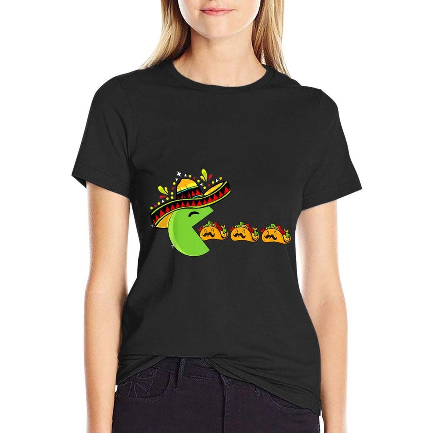 Sombrero Eating Funny Tacos with Mustaches Cinco De Mayo Ribbed Collar T-Shirt
