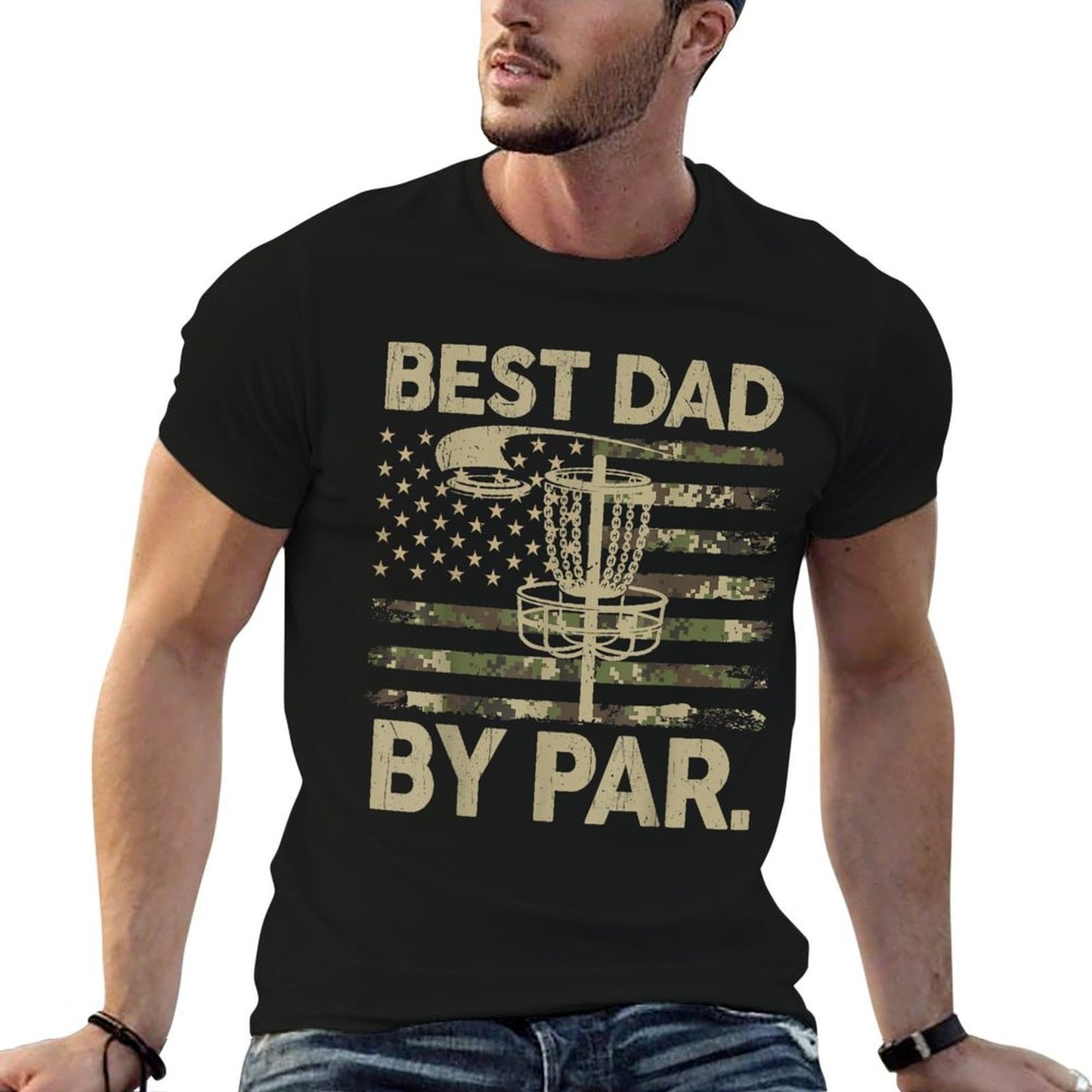 Disc Golf Frisbee Funny Best Dad Par Camo US Flag Golfer Eco-friendly Material T-Shirt