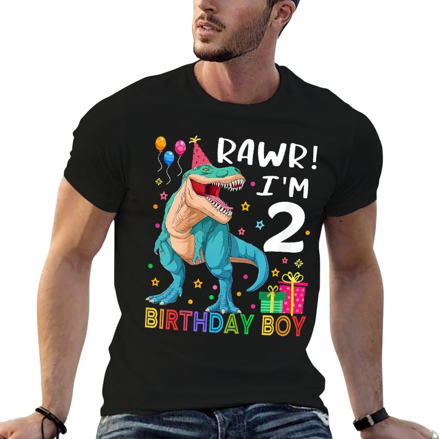 Kids Kids 2 Year Old 2nd Birthday Boy T Rex Dinosaur Oversized Silhouette T-Shirt