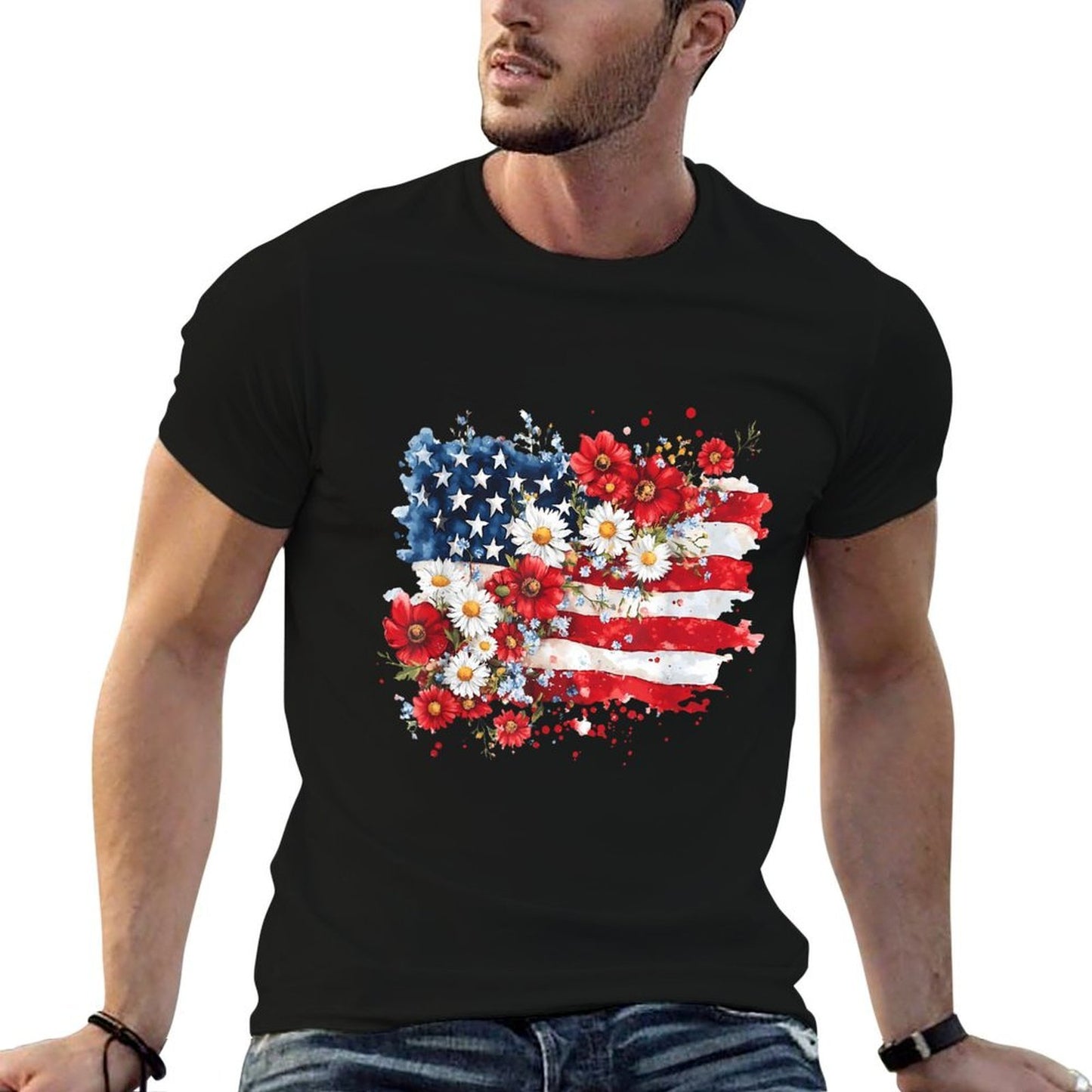 4th of July Floral American Wildflowers Patriotic Women Graphic-printed T-Shirt