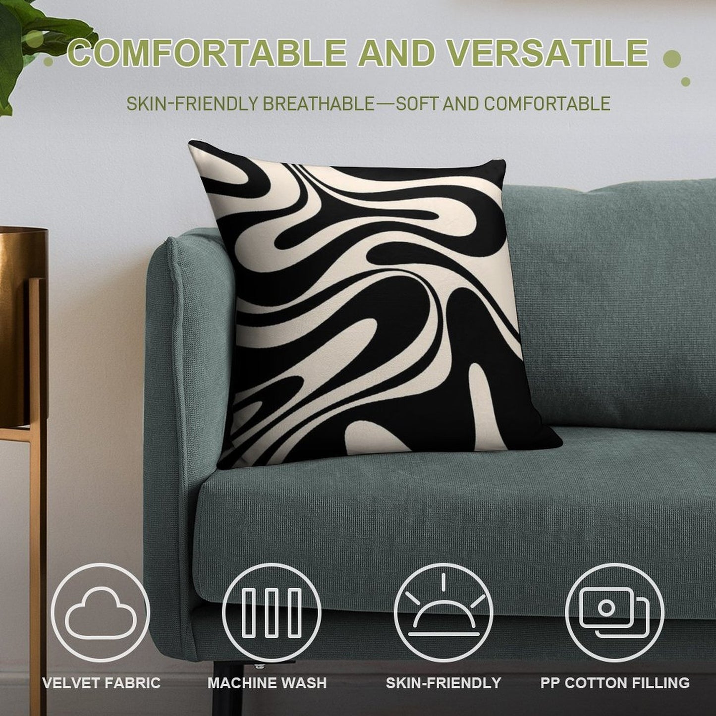 Retro Fantasy Swirl Abstract in Black And Almond Cream Soft Durable Construction Throw Pillow