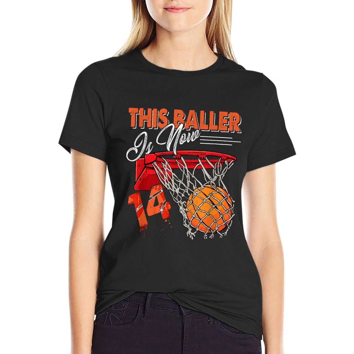 14th Birthday Basketball Funny 14 Years Old Kids Gift Ribbed Collar T-Shirt
