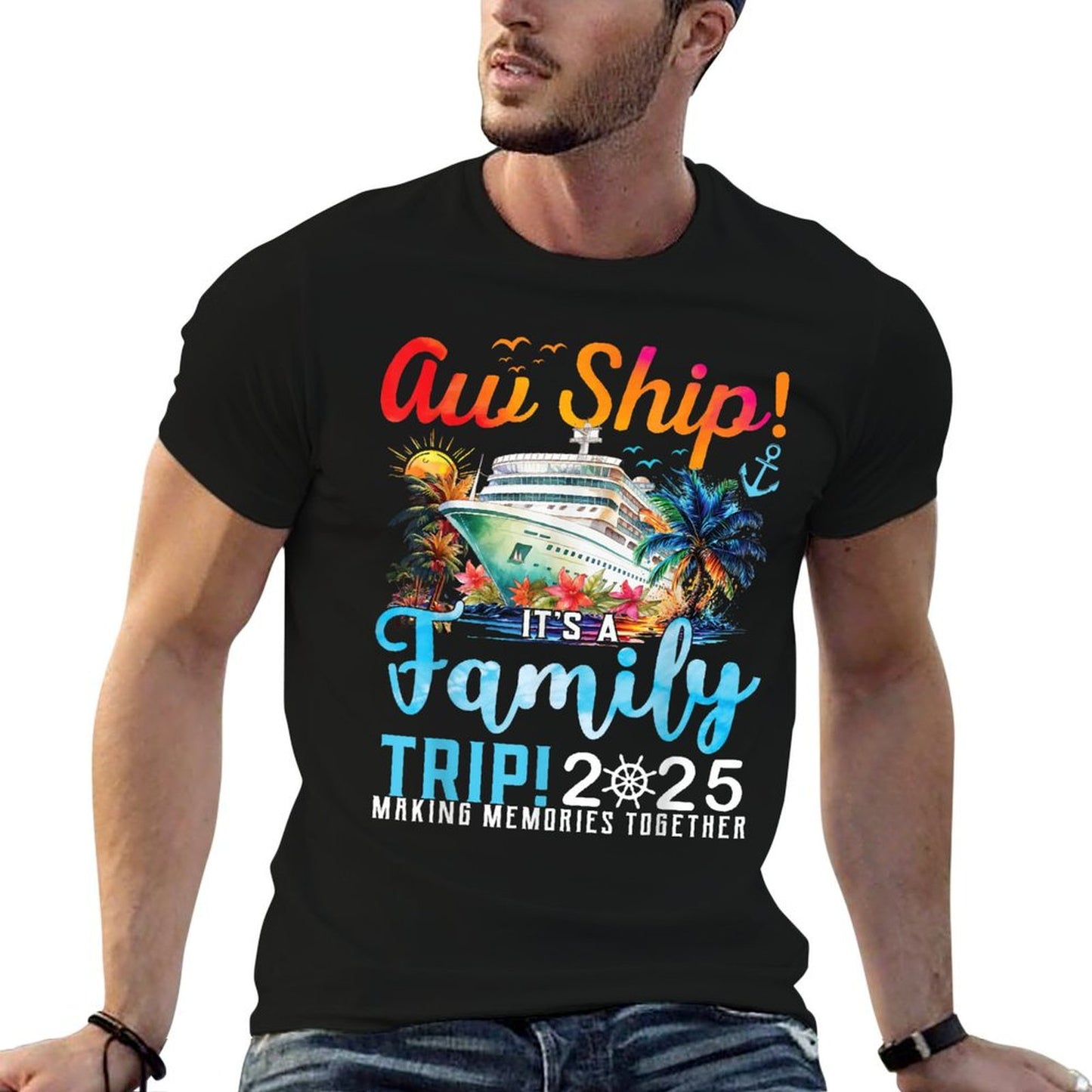 Aw Ship It's A Family Trip 2025 Family Matching Cruise Trip Oversized Silhouette T-Shirt