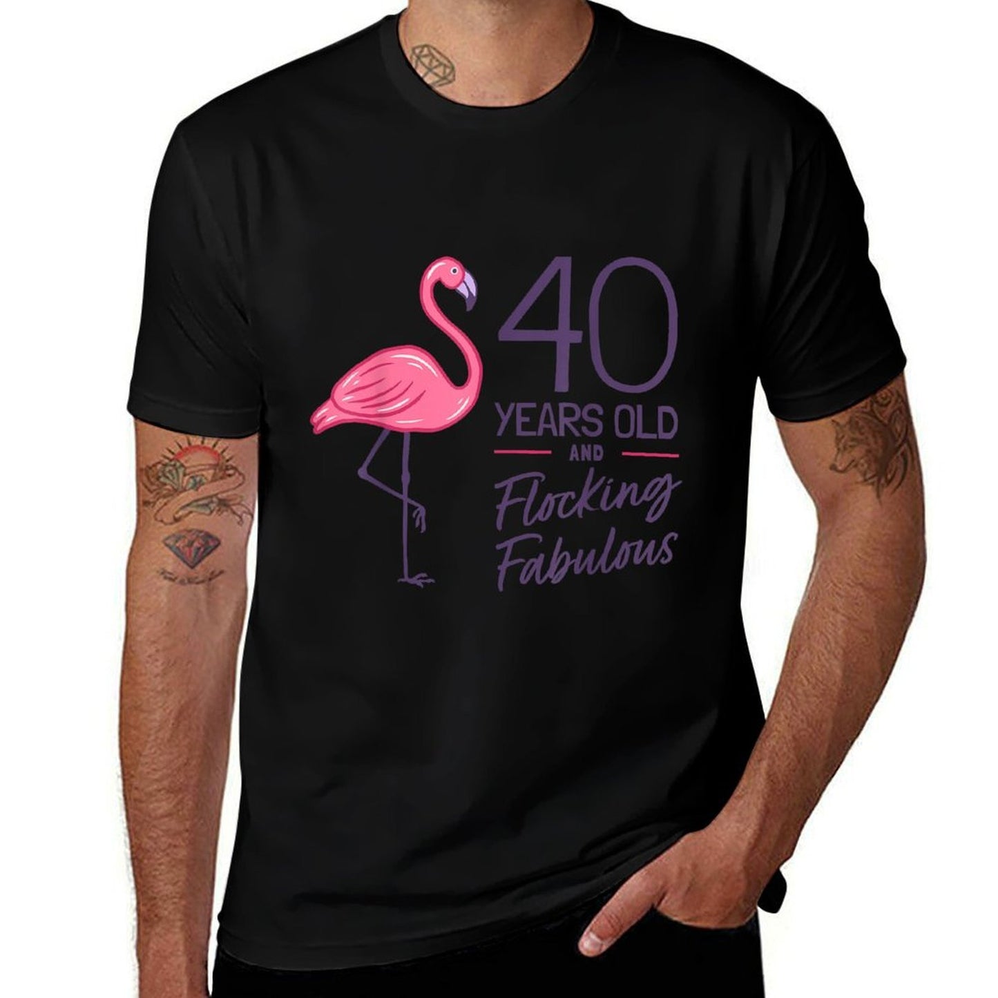 Flamingo Milestone 40 Years Flamingo 40th Birthday Ribbed Collar T-Shirt