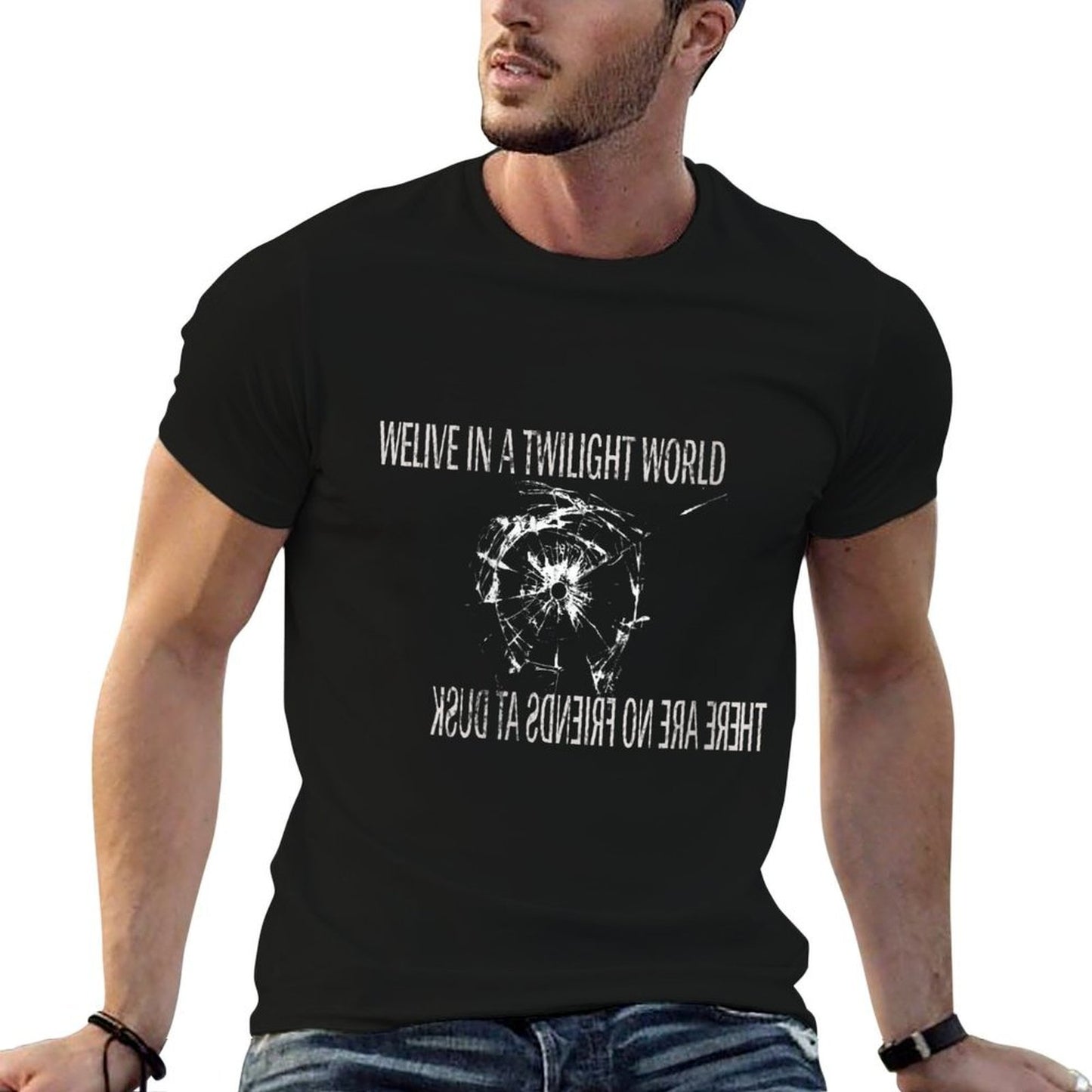 Womens WE LIVE IN A TWILIGHT WORLD, THERE ARE NO FRIENDS AT DUSK Ribbed Collar T-Shirt