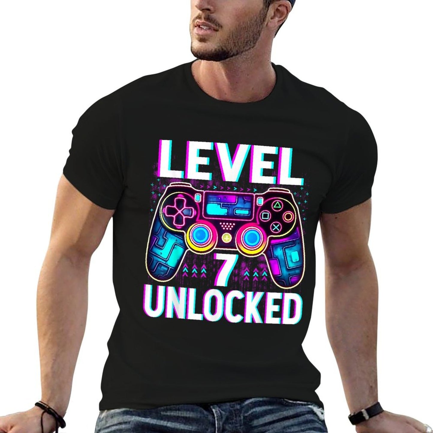 Level 7 Unlocked Funny Video Gamer Geek 7th Birthday Rolled Sleeves T-Shirt