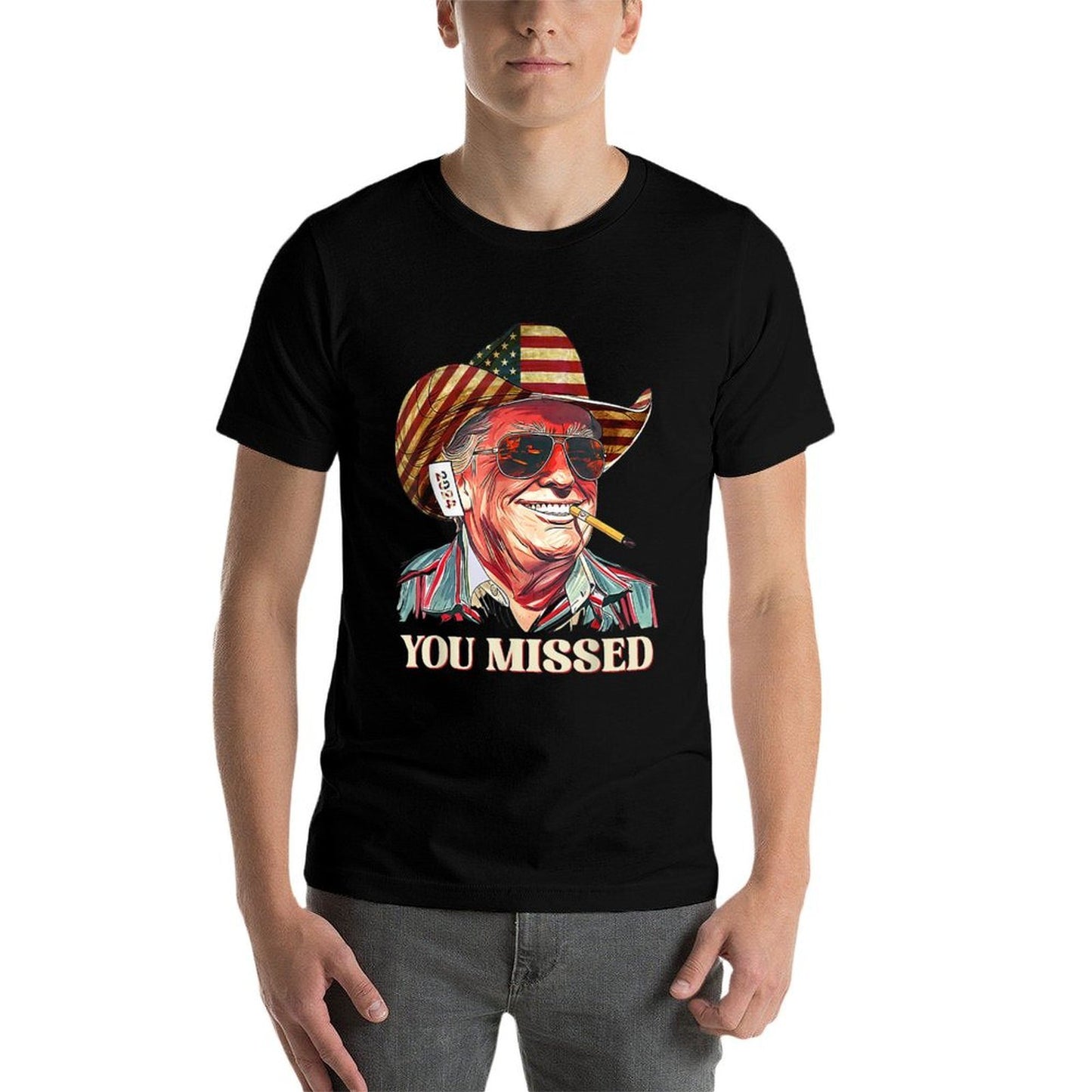Western Trump Cowboy You Missed American Flag Cowboy Hat Polyester Blend T-Shirt
