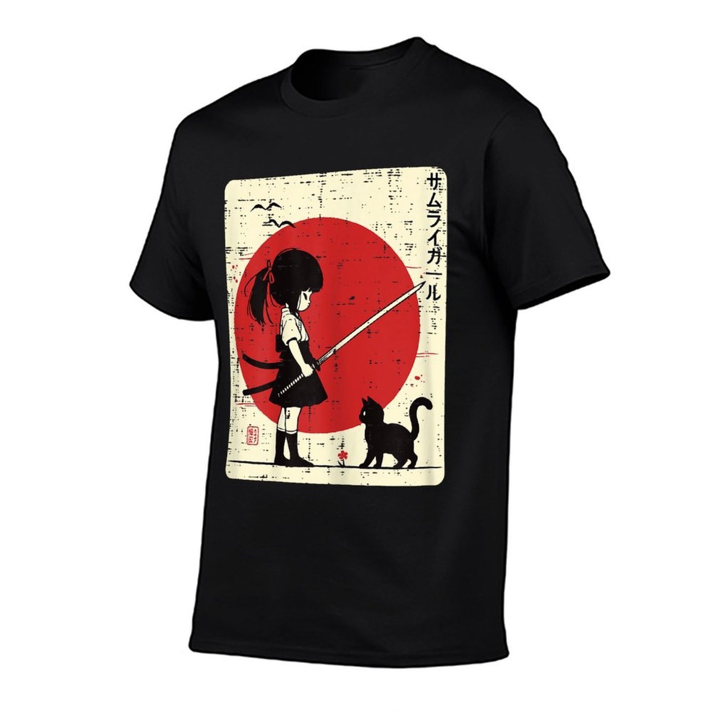 Japanese Samurai Girl Black Cat Kawaii Anime Girls Kid Women Wrinkle-resistant T-Shirt