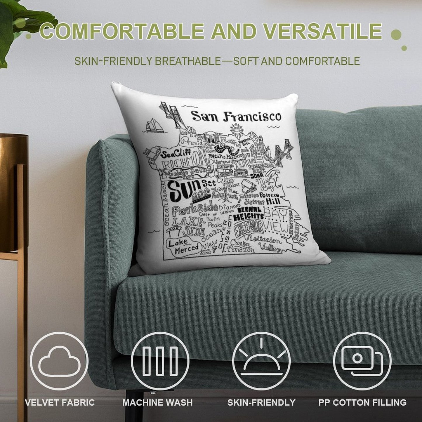 San Francisco Illustrated Map Soft Gift Ready Throw Pillow